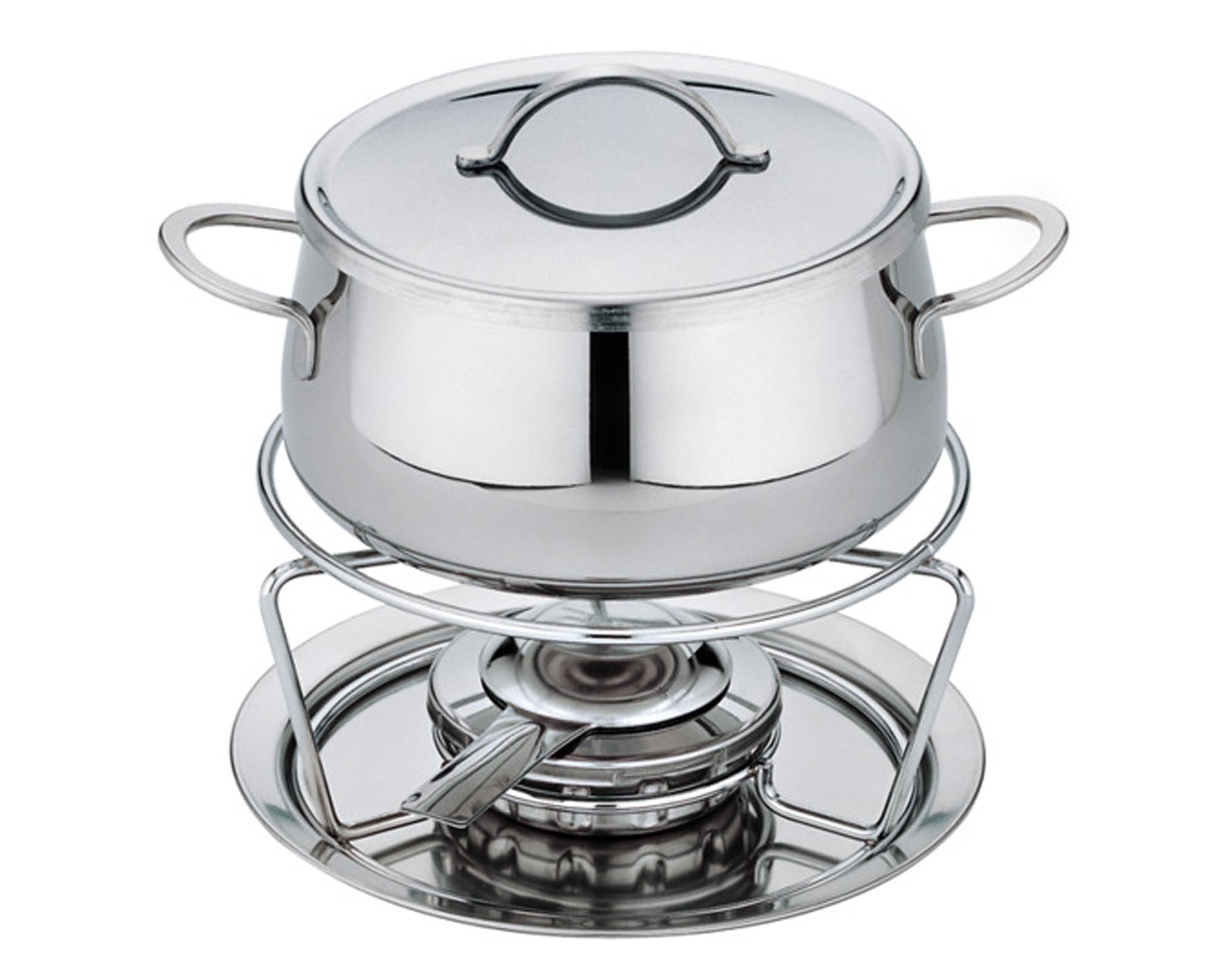 Entdecken Sie die SPRING Fonduegarnitur Swiss Eco ø18cm – ideal für gesellige Abende, umweltfreundlich, aus Edelstahl, mit ergonomischen Griffen.