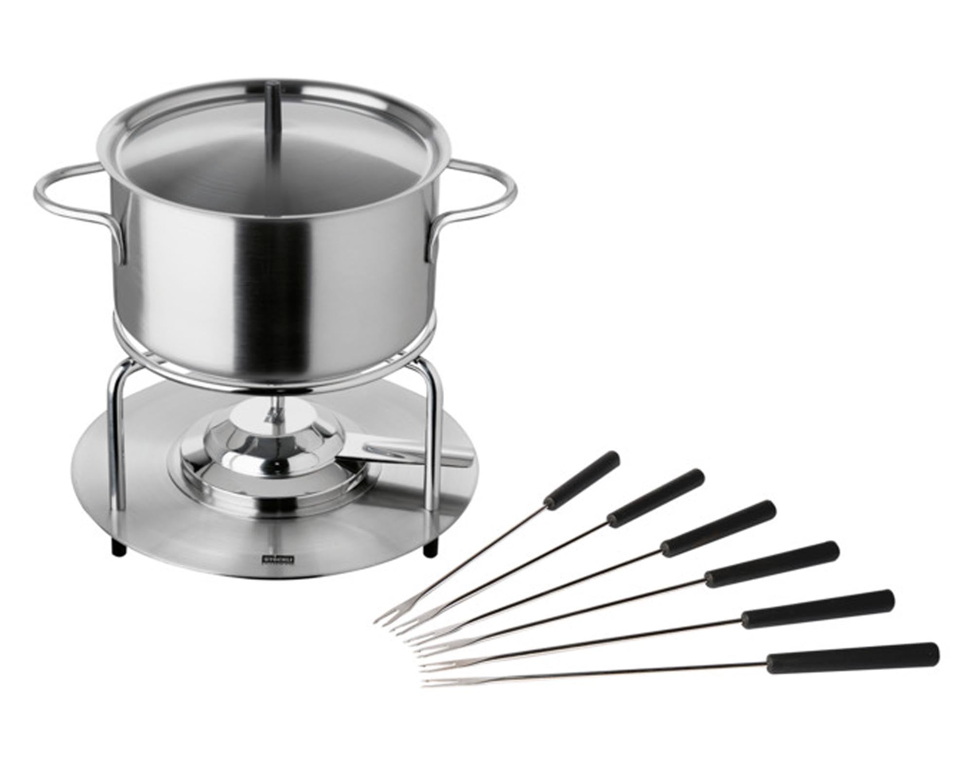 Entdecken Sie die STÖCKLI Fonduegarnitur Aragon Inox ø 16 cm – stilvolles Edelstahl-Set für unvergessliche Fondue-Abende mit Familie und Freunden.