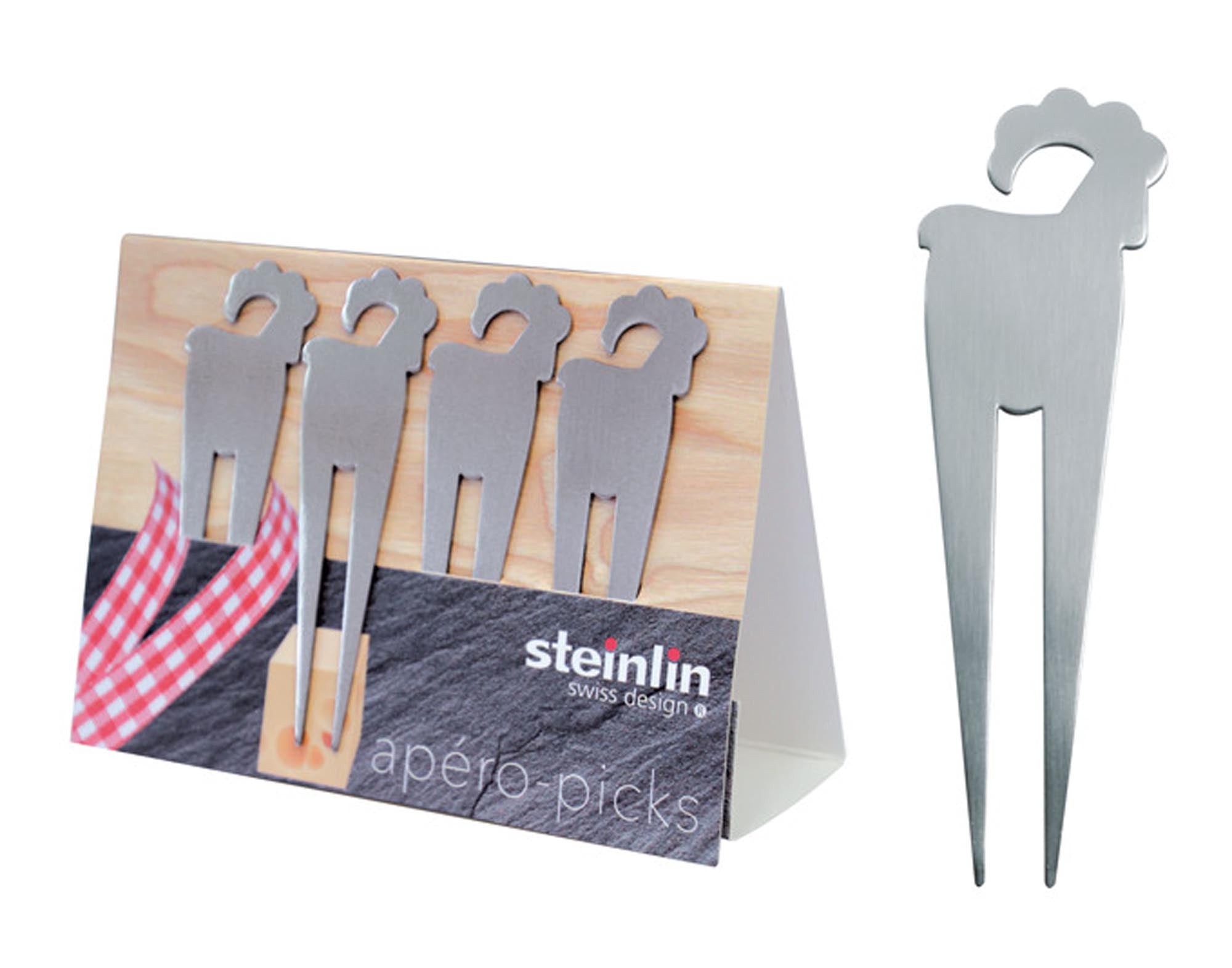 Entdecken Sie die eleganten STEINLIN Apéropicks Steinbock Inox – stilvolle Cocktailspiesse aus rostfreiem Edelstahl, perfekt für Fingerfood und Aperitifs.