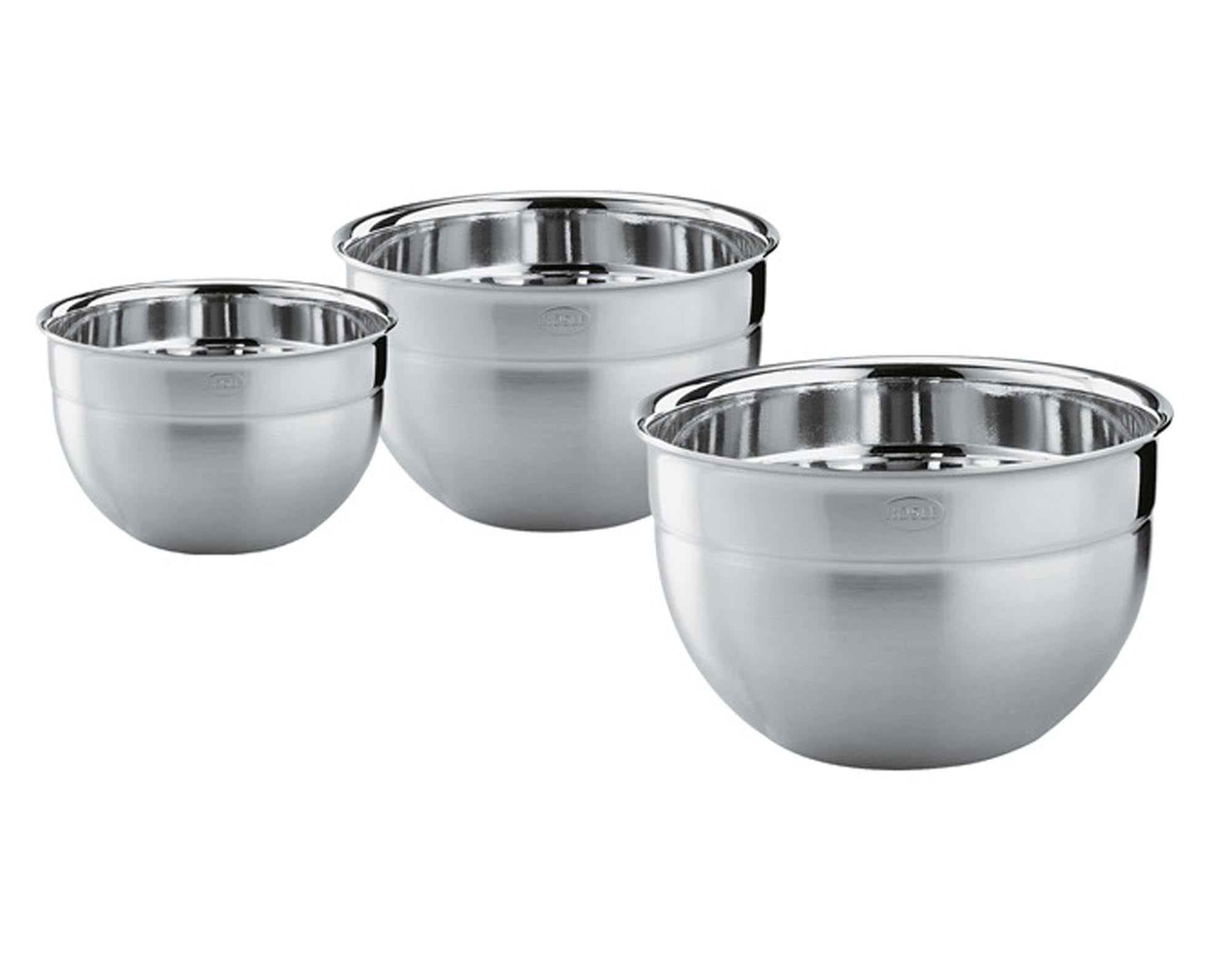 Elegantes 3-teiliges RÖSLE Schüssel-Set aus rostfreiem Edelstahl mit rutschfesten Silikonböden, ideal zum Mischen, Servieren und Aufbewahren.
