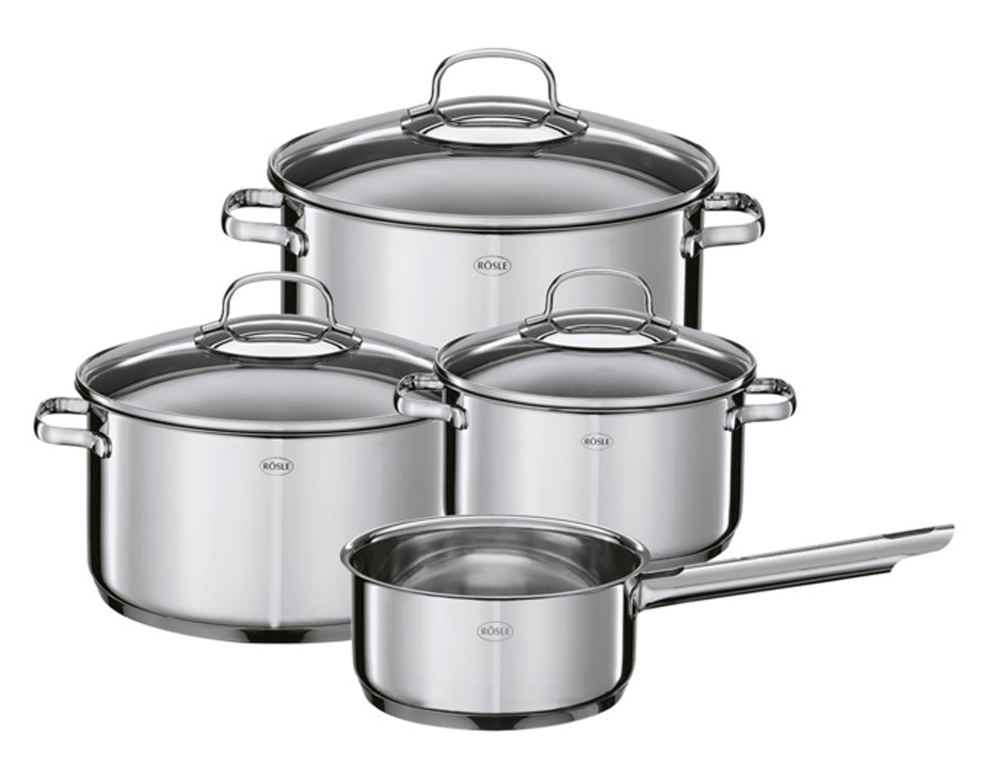 Entdecken Sie das RÖSLE Topfset Elegance 4-teilig aus hochwertigem Edelstahl. Ideal für alle Herdarten, mit ergonomischen Griffen und eleganten Design.