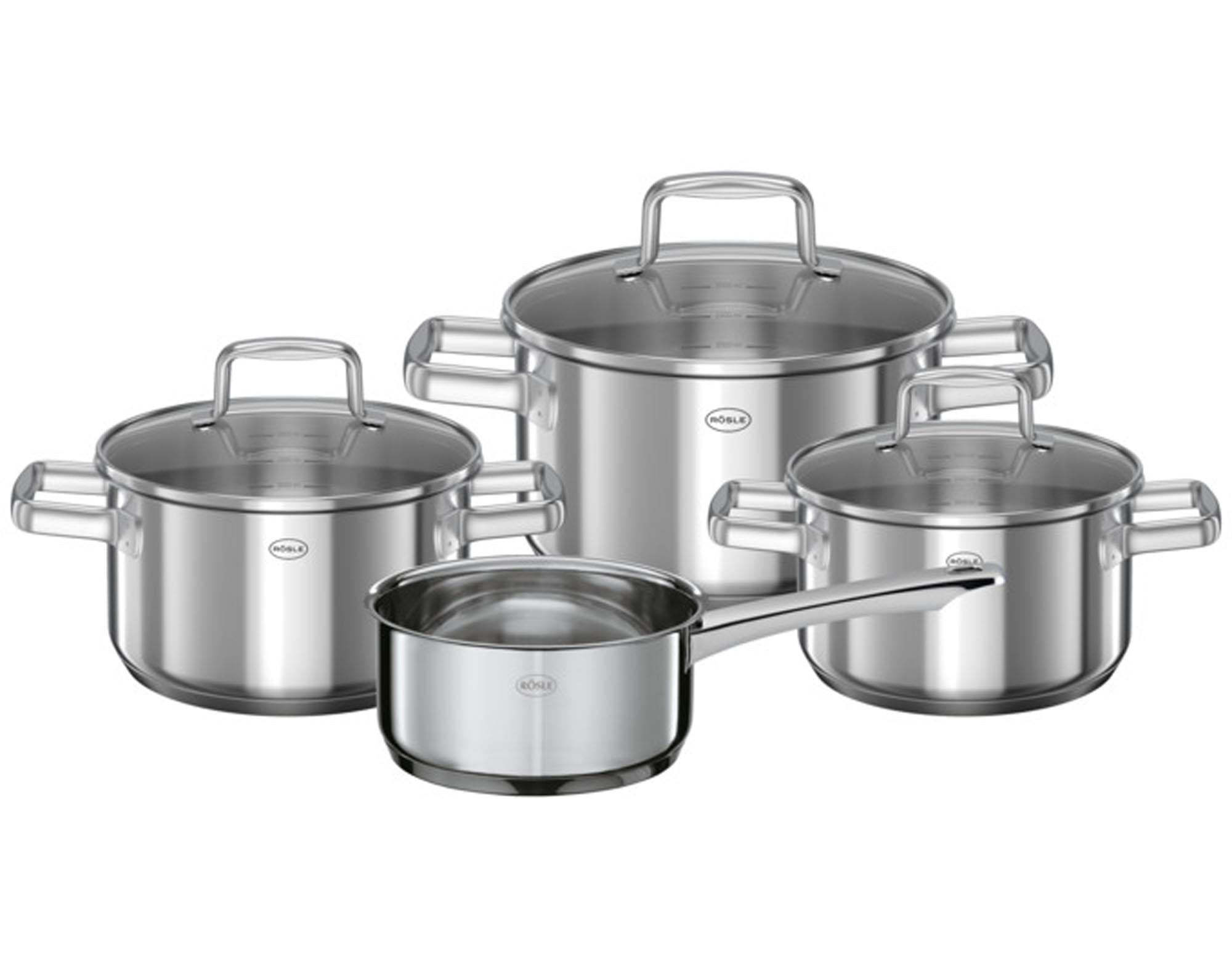 Entdecken Sie das RÖSLE Topfset Moments 4-teilig aus hochwertigem Edelstahl. Ideal für alle Herdarten, mit eleganten Glasdeckeln und praktischen Messskalen.