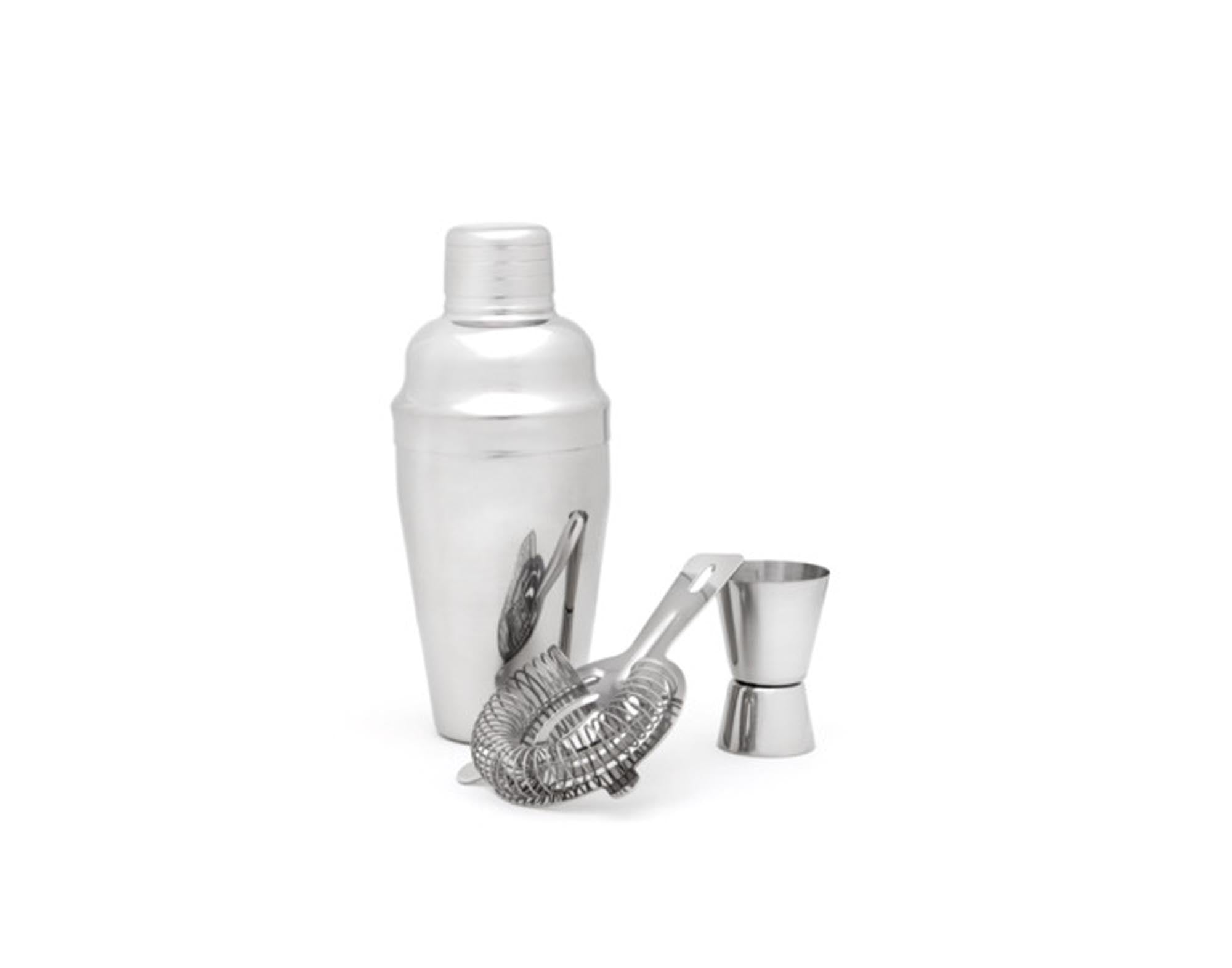 Elegantes 3-teiliges Barset von LEOPOLD: Shaker, Barmass & Barsieb aus Edelstahl für perfekte Cocktails.