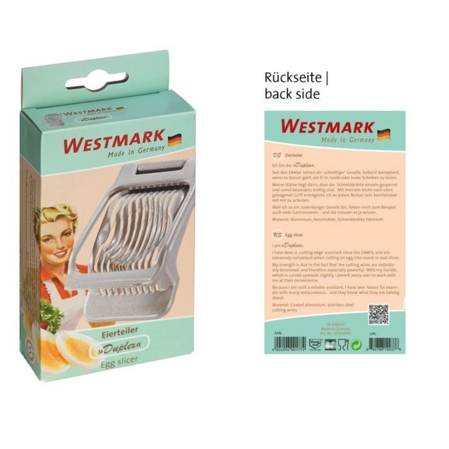 Eleganter Retro Eierteiler Duplex von Westmark, 13.5x8x3.5cm, ideal für gleichmäßige Eierscheiben und stilvolle Servierideen in der Küche.