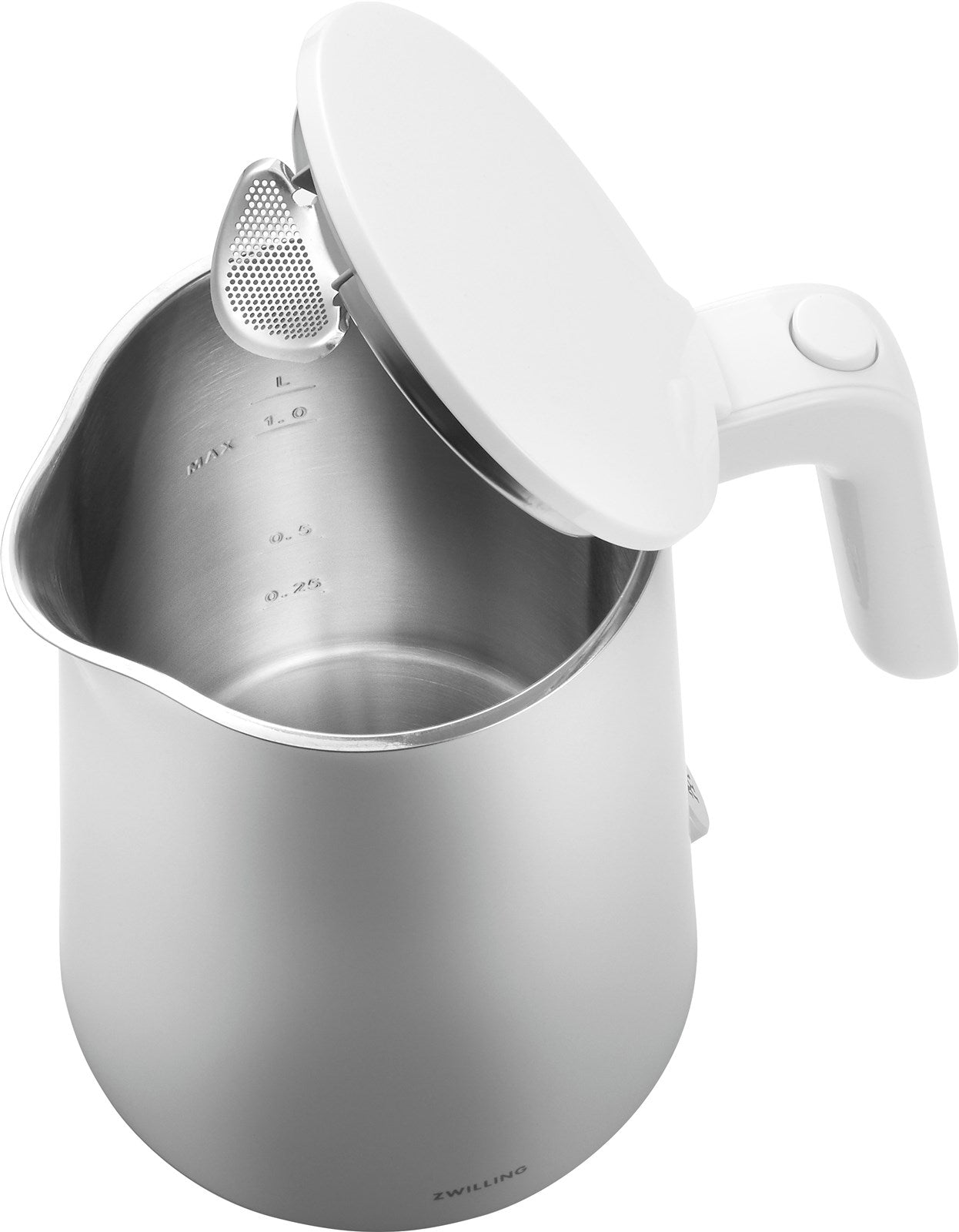 Eleganter 1,0 l Wasserkocher von Zwilling: Hochwertiger Edelstahl, leise Heiztechnologie, komfortable Handhabung und integrierte Sicherheitsfunktionen.