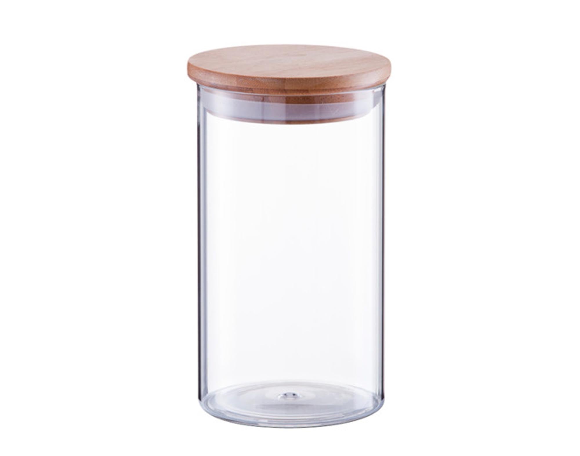 Stilvolles Vorratsglas 750ml aus klarem Glas mit luftdichtem Bambusdeckel. Perfekt für Reis, Nudeln, Gewürze. Zeitloses Design.