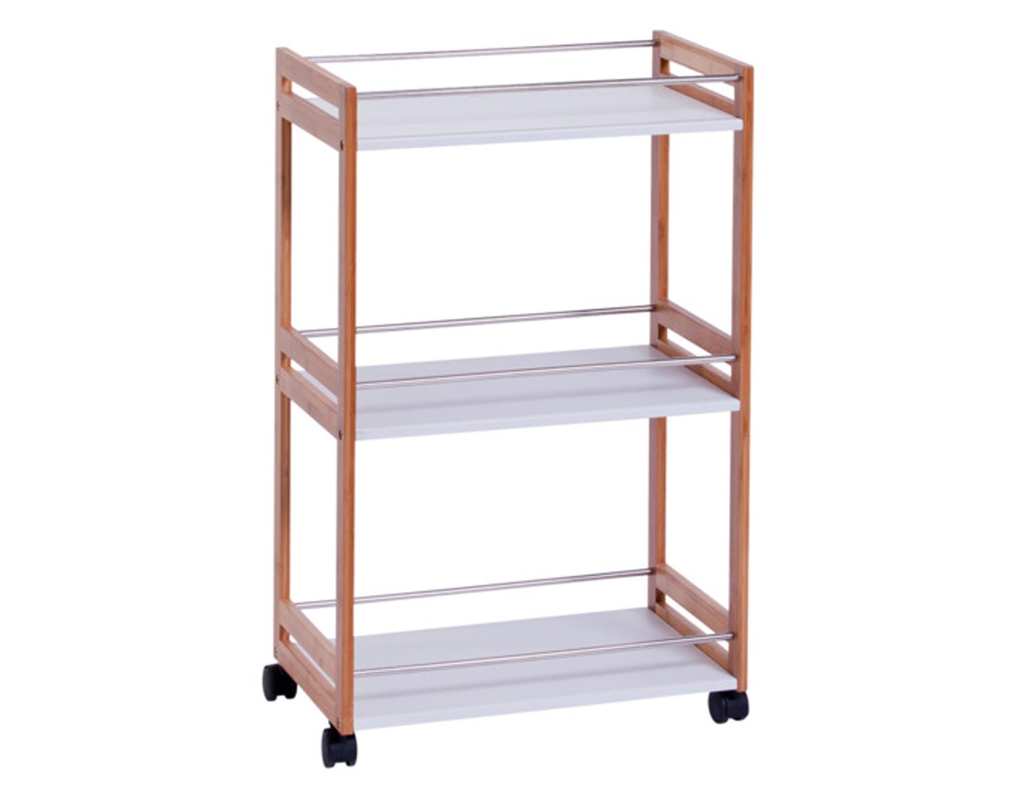 Entdecken Sie den ZELLER Bad-Rollwagen Bamboo MDF 51x30x81 cm – stilvoll, mobil und ideal für die Badorganisation. Perfekt für Handtücher und Pflegeprodukte.