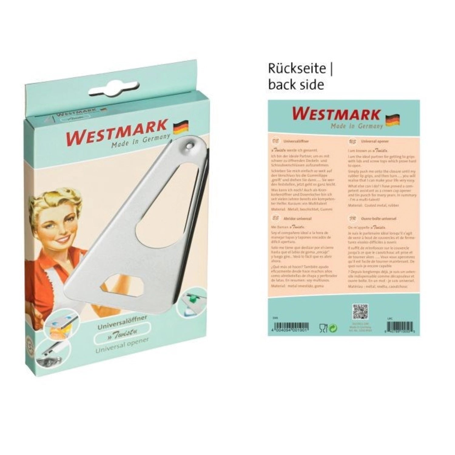 Praktischer Retro Universalöffner 6 in 1 von Westmark, 17x10x1.5cm, perfekt für müheloses Öffnen von Dosen, Flaschen und mehr in der Küche.