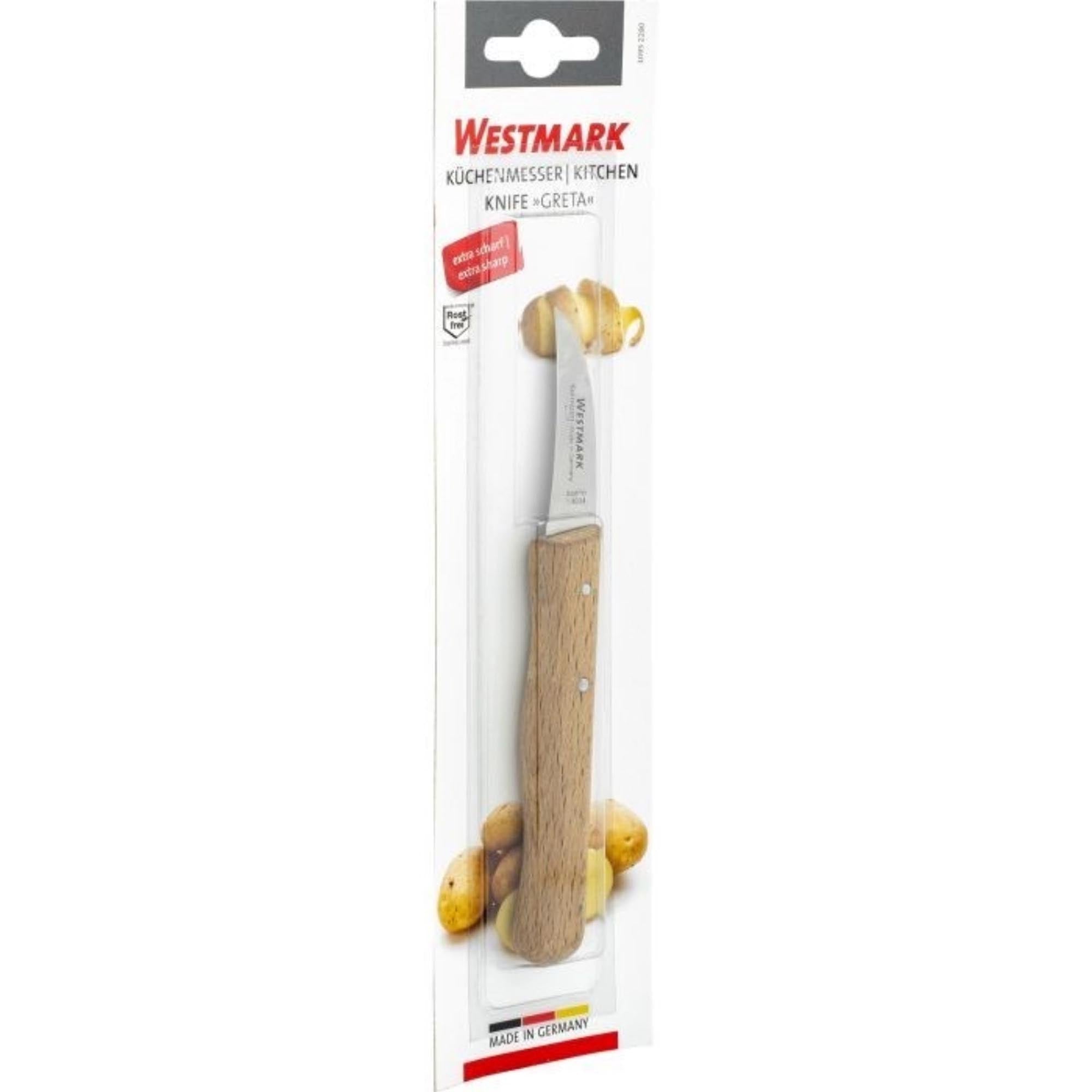 Das Schälmesser Greta von Westmark mit gebogener Klinge ist ideal für präzises Schälen und Schneiden von Obst und Gemüse.