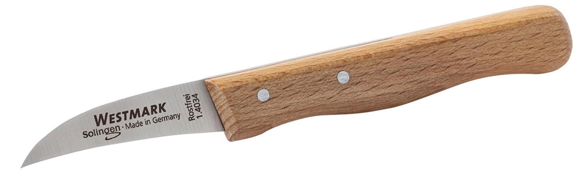 Entdecken Sie das Schälmesser Greta von Westmark: Präzises Schälen mit gebogener Edelstahlklinge und ergonomischem Buchen-Griff. Ideal für Obst und Gemüse!