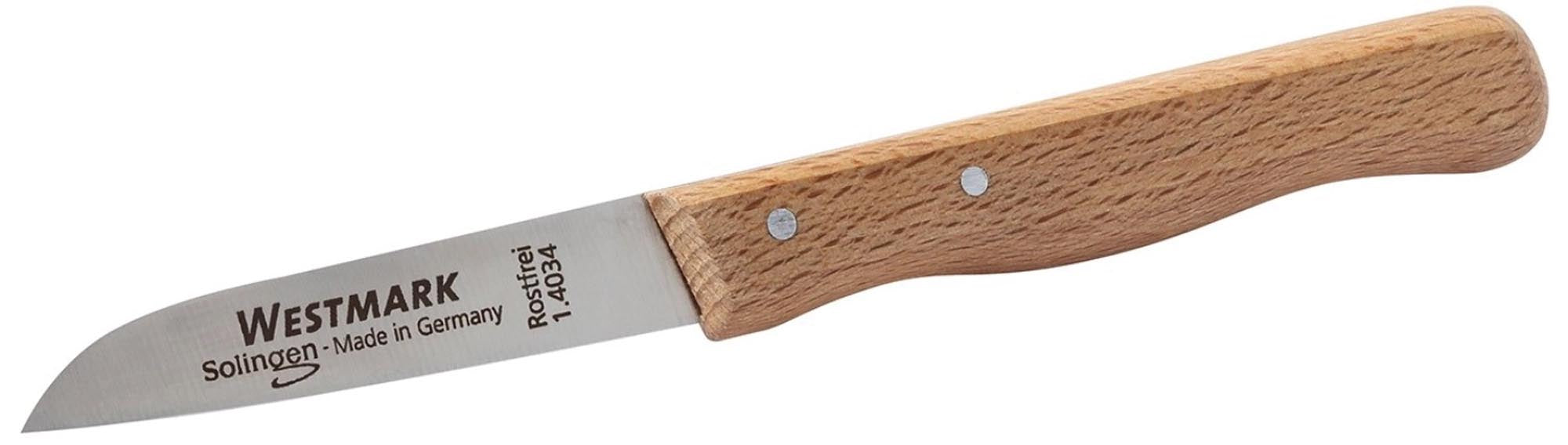 Entdecken Sie das Schälmesser Greta von Westmark: Präzise, rostfreie Edelstahlklinge, ergonomischer Buchenholzgriff, ideal zum Schälen von Obst und Gemüse.