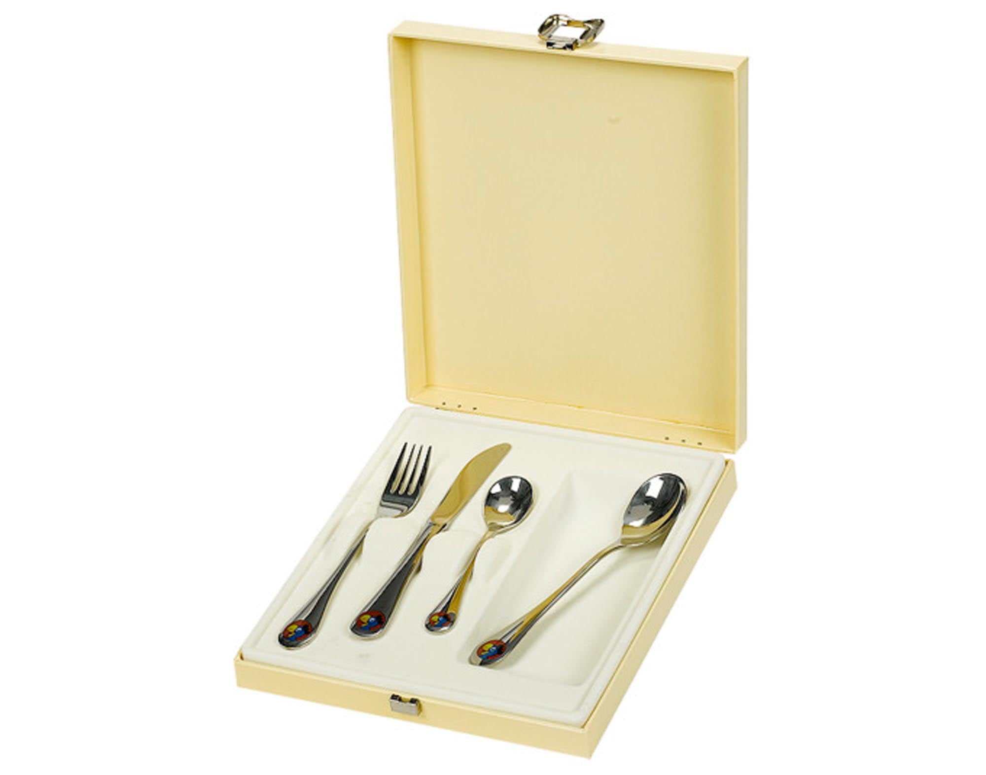 Entdecken Sie das 4-teilige Kinderbesteck Globi von BERNDORF: ergonomisch, spülmaschinenfest und mit niedlichen Motiven für kleine Feinschmecker.