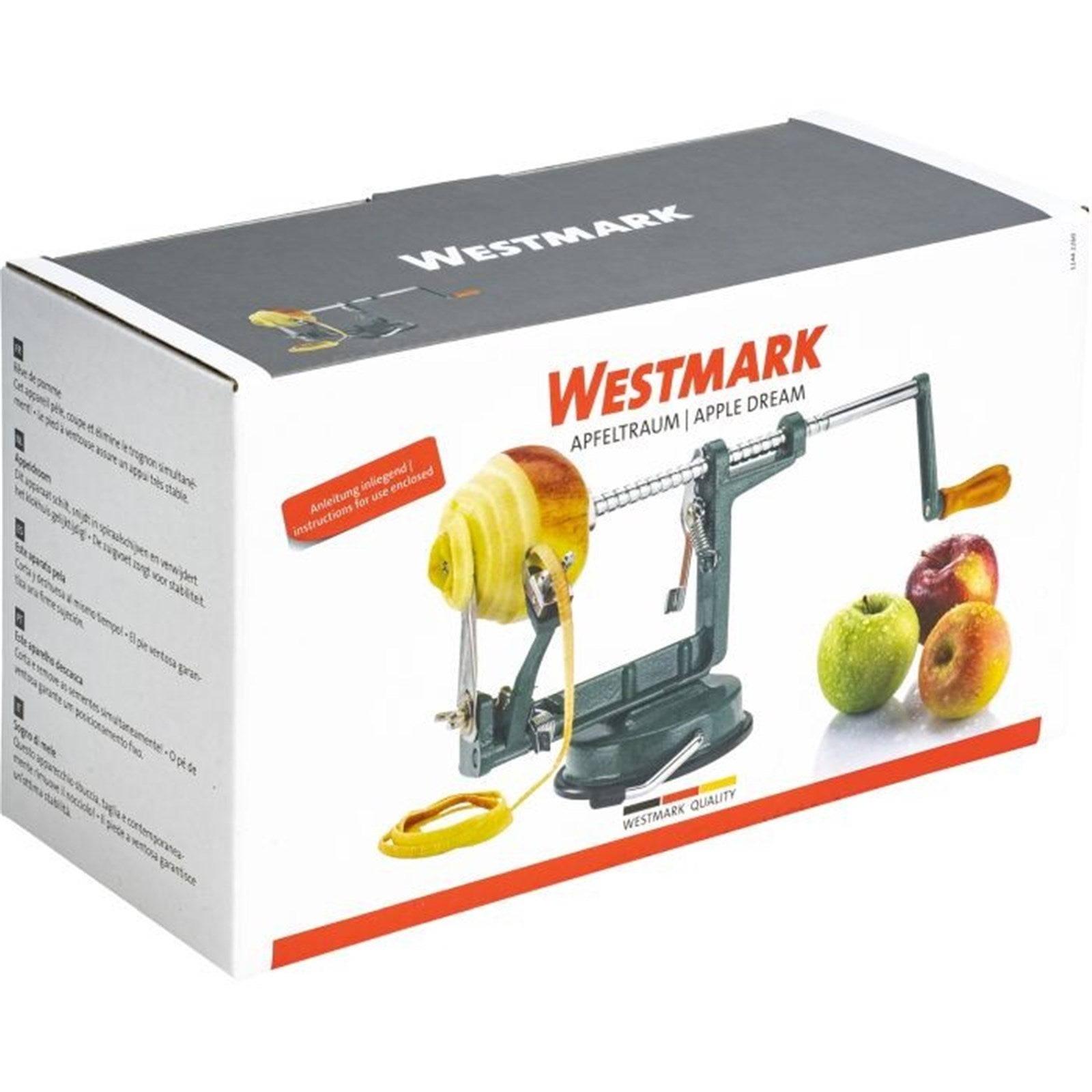 Praktische Apfelschälmaschine mit Saugfuss, ideal zum Schälen, Entkernen und Schneiden von Äpfeln, Masse: 45x26x14 cm, von Westmark.