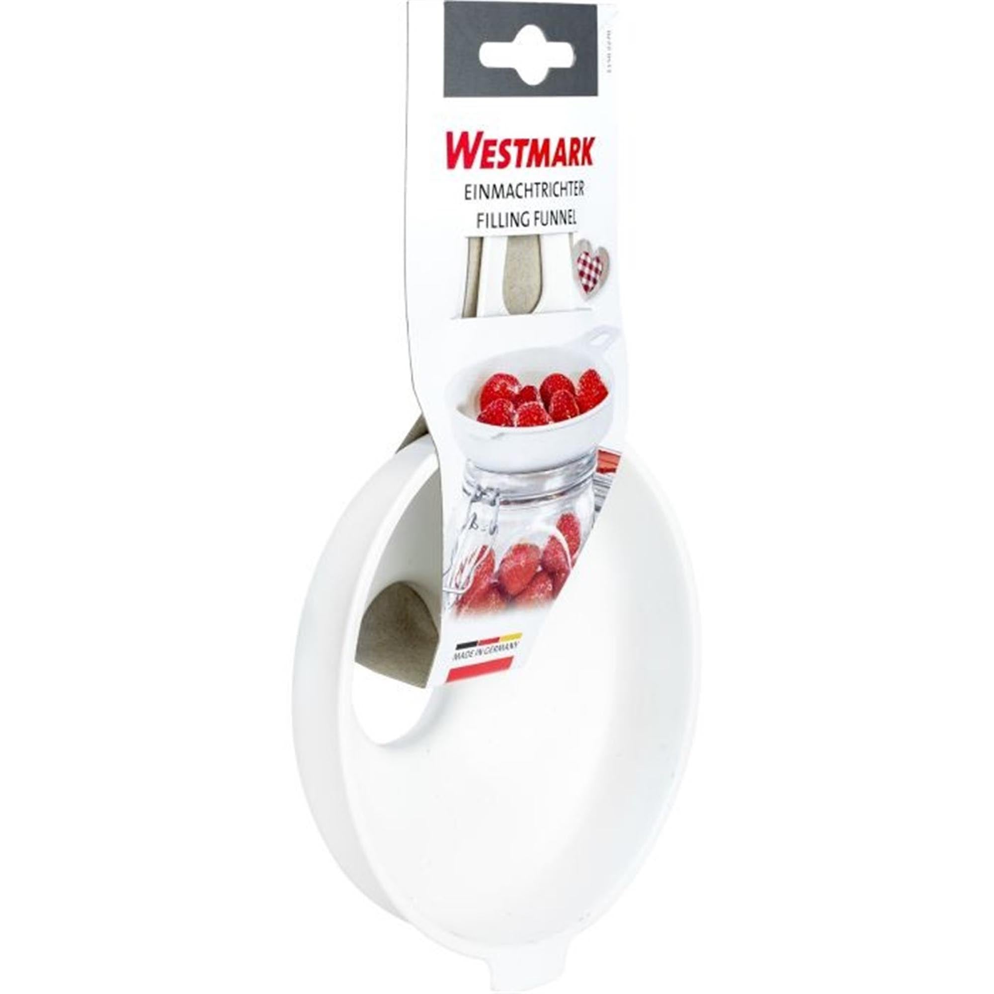 Praktischer Einmachtrichter von Westmark, ideal für sauberes Abfüllen. Masse: Ø12,5 cm oben, Ø3,7 cm unten, 20x13x5 cm.