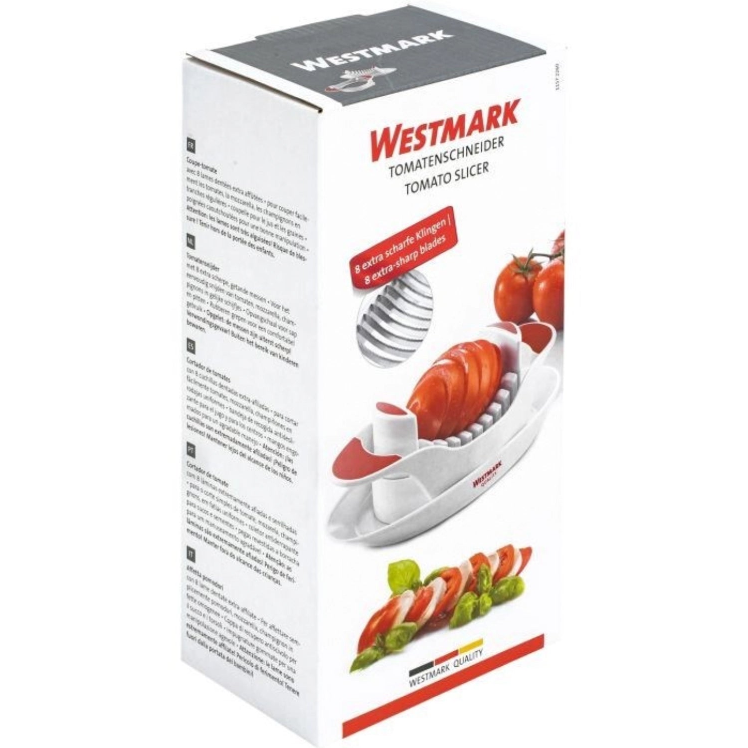 Praktischer Tomatenschneider von Westmark mit 8 scharfen Klingen, perfekt für gleichmäßige Scheiben von Tomaten und weichen Obst- und Gemüsesorten.