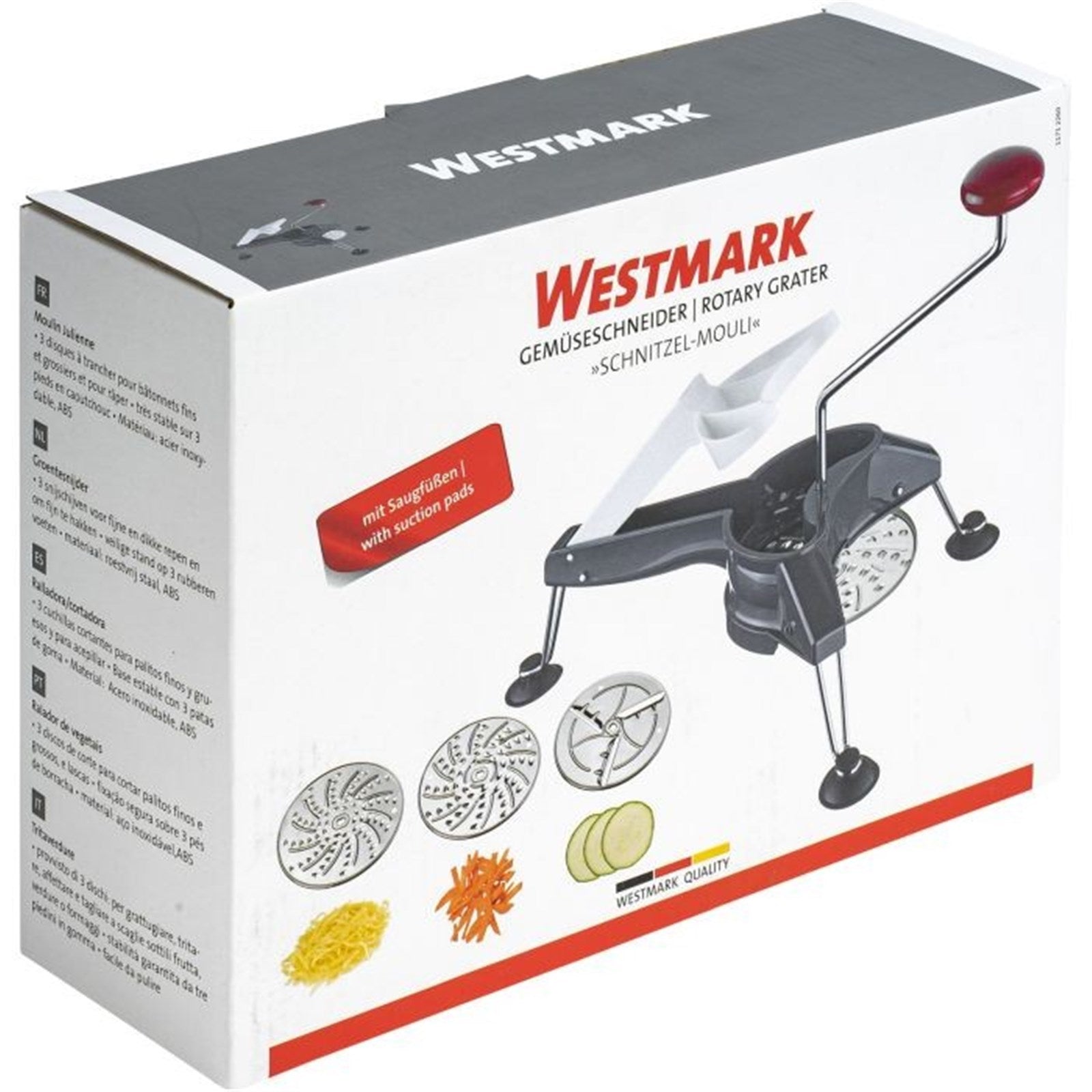 Effizienter Gemüseschneider von Westmark, perfekt für schnelles Schneiden und Raspeln, kompakt und praktisch, Masse: 33x24x25 cm.