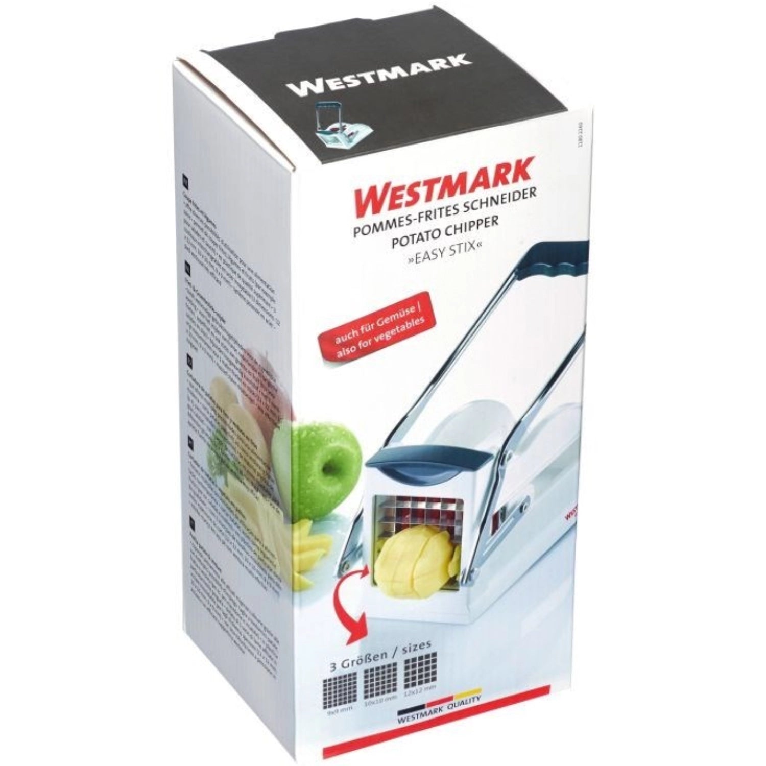 Praktischer Pommesschneider von Westmark, Maße 24x10x11cm, ideal für die schnelle Zubereitung von gleichmäßigen Pommes und anderen Kartoffelspezialitäten.
