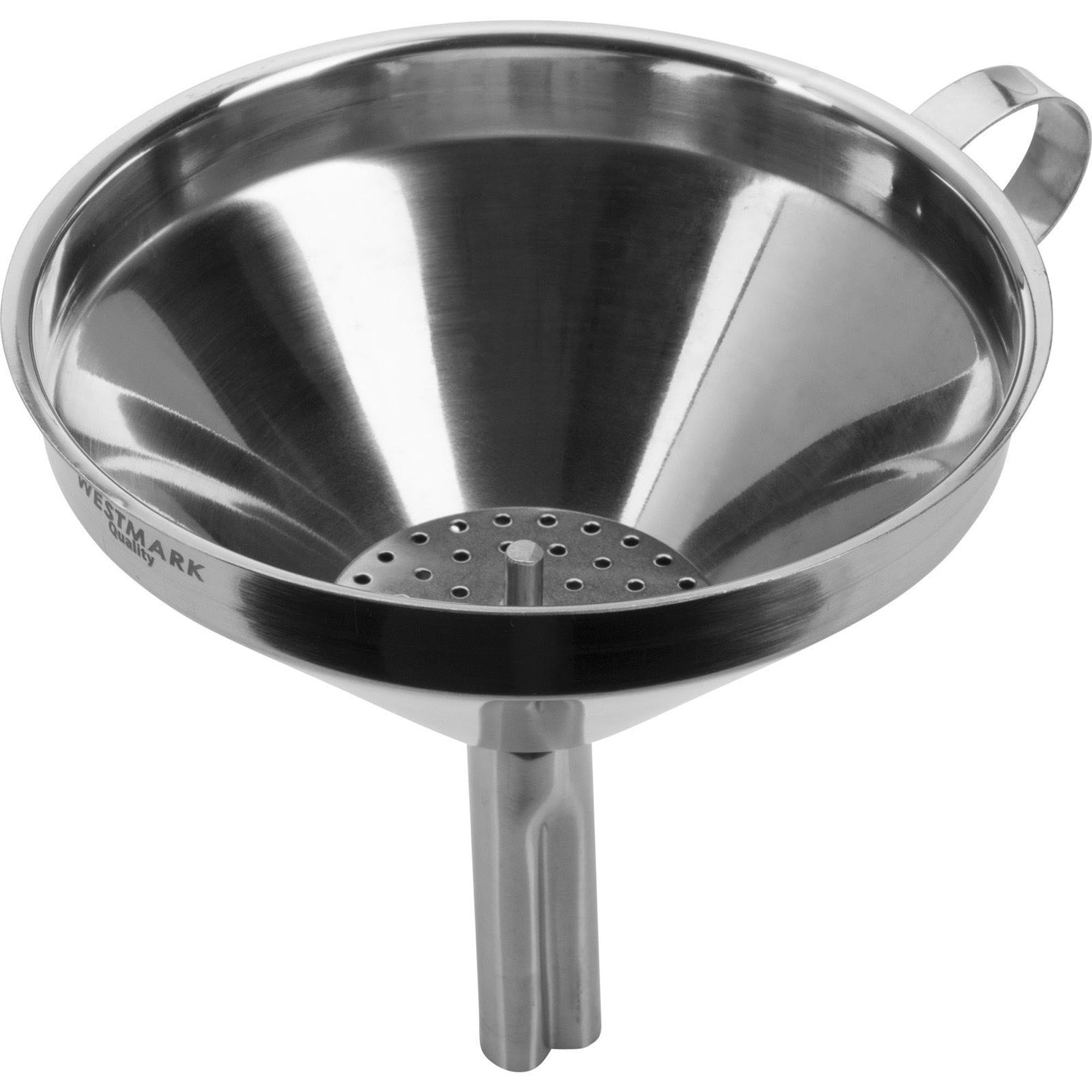 Praktischer Flaschentrichter mit Sieb von Westmark, ideal für präzises Abfüllen, Durchmesser oben 12 cm, unten 1-1,3 cm.