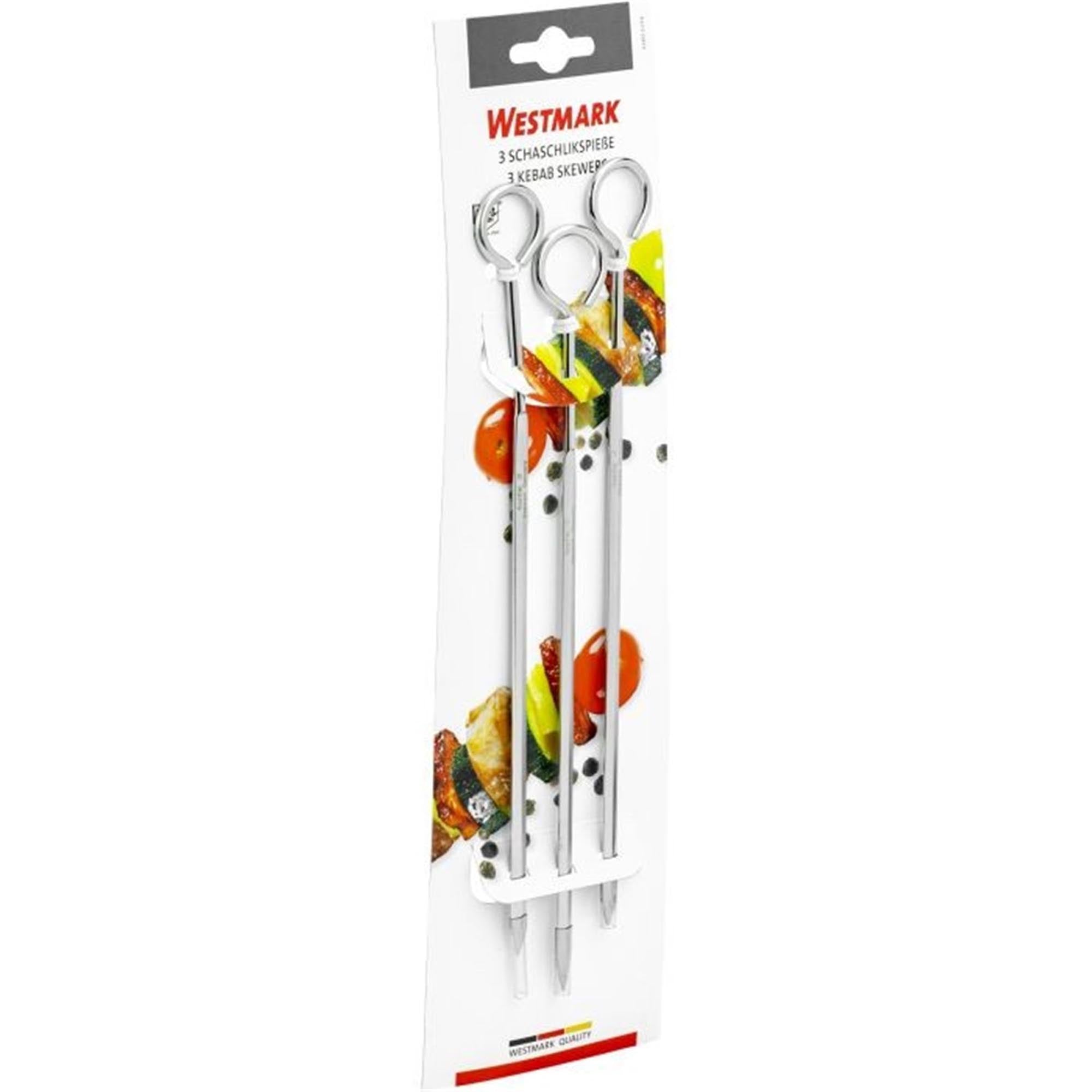 Praktisches 3er Set Schaschlikspiesse aus rostfreiem Edelstahl, 23 cm lang, ideal für Grill und Küche, von Westmark.