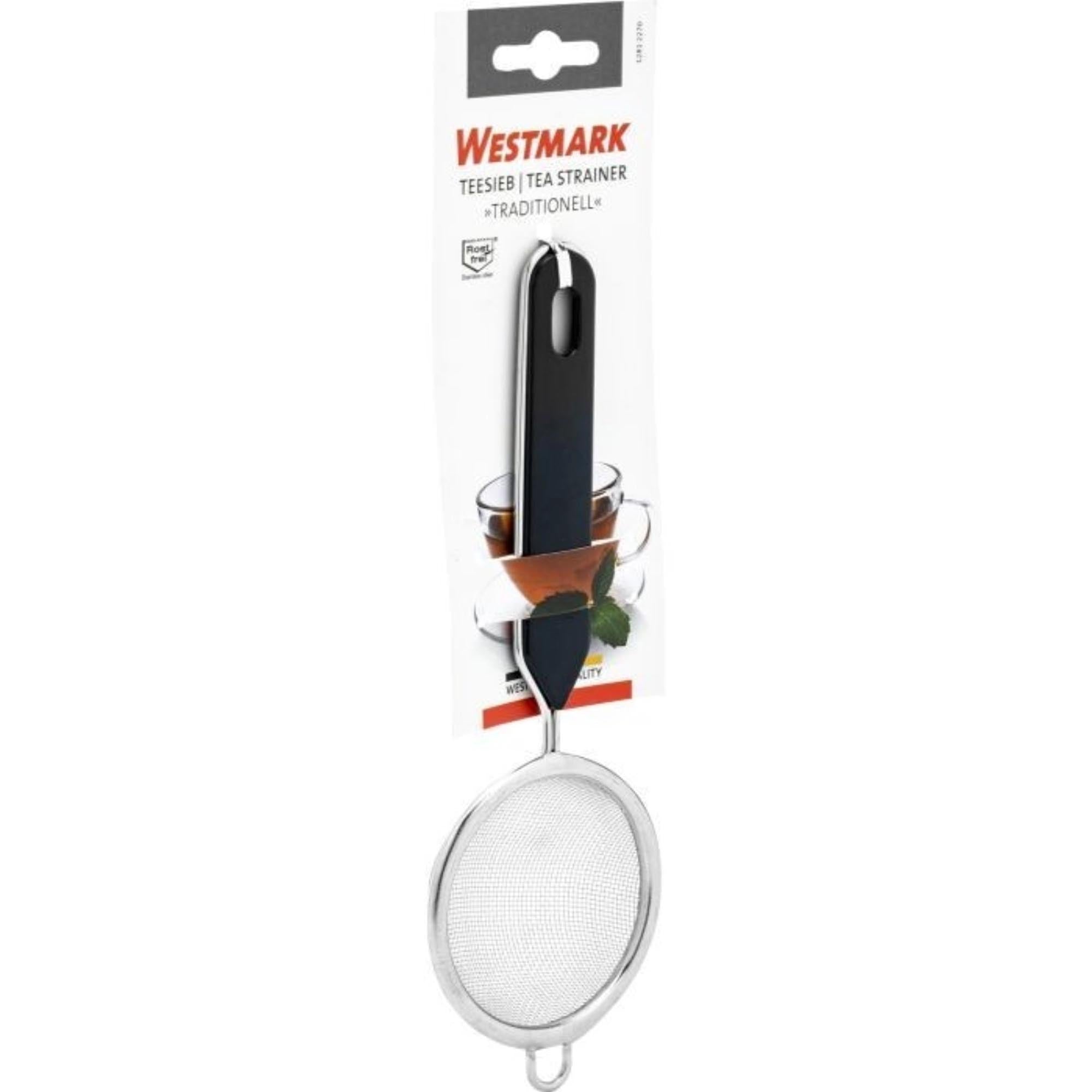 Traditionelles Teesieb von Westmark, 7 cm Durchmesser, 20,5 cm Länge, ideal für losen Tee, robust und hochwertig verarbeitet.