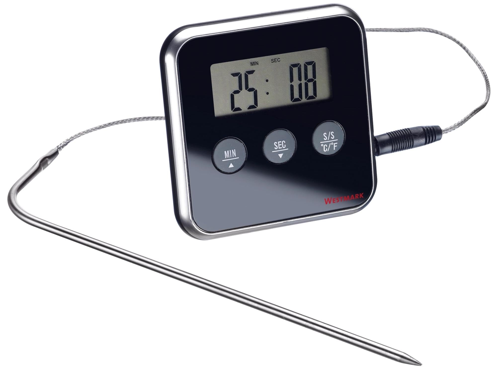 Entdecken Sie das Westmark Digitale Bratenthermometer – Ihr perfekter Küchenhelfer für präzise Garergebnisse bei Fleisch, Geflügel und Fisch. Hochwertiger Edelstahl, schnelles digitales Display und ergonomisches Design garantieren einfache Handhabung und Langlebigkeit. Ideal für Grillmeister und Hobbyköche!