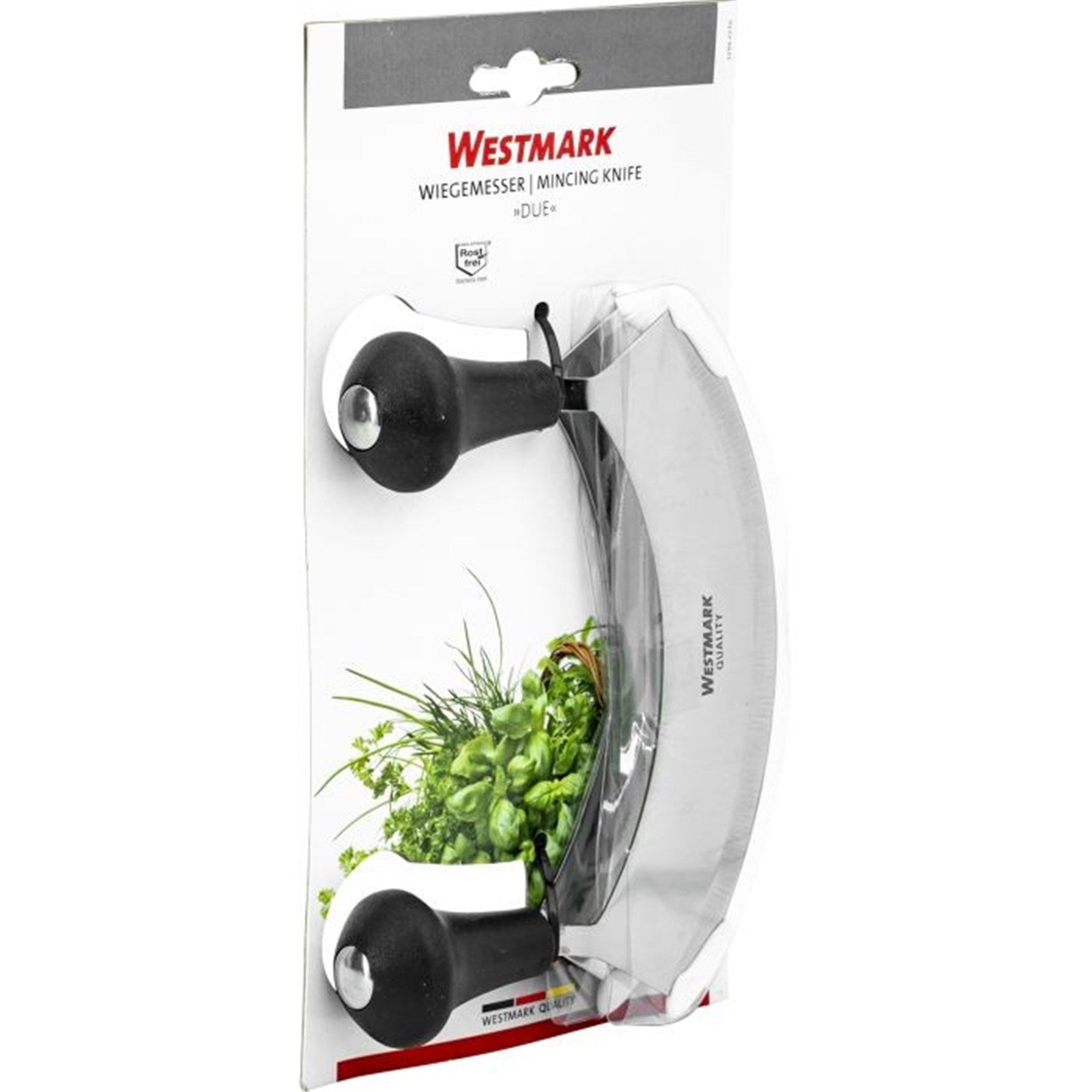 Effizientes Wiegemesser-Set von Westmark mit zwei Klingen, perfekt zum Hacken von Kräutern und Gewürzen in der Küche.
