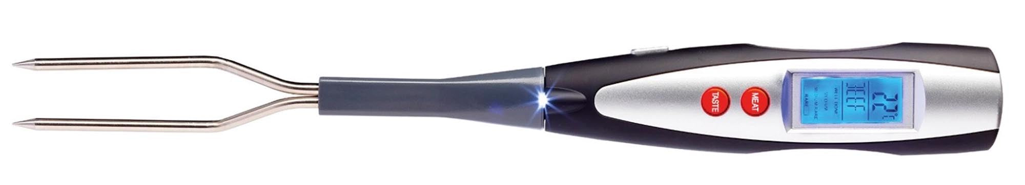 Entdecken Sie die Westmark Braten- und Grillgabel mit Thermometer! Hochwertiger Edelstahl, präzise Temperaturanzeige für Fleisch, akustisches Signal und integrierte Taschenlampe.