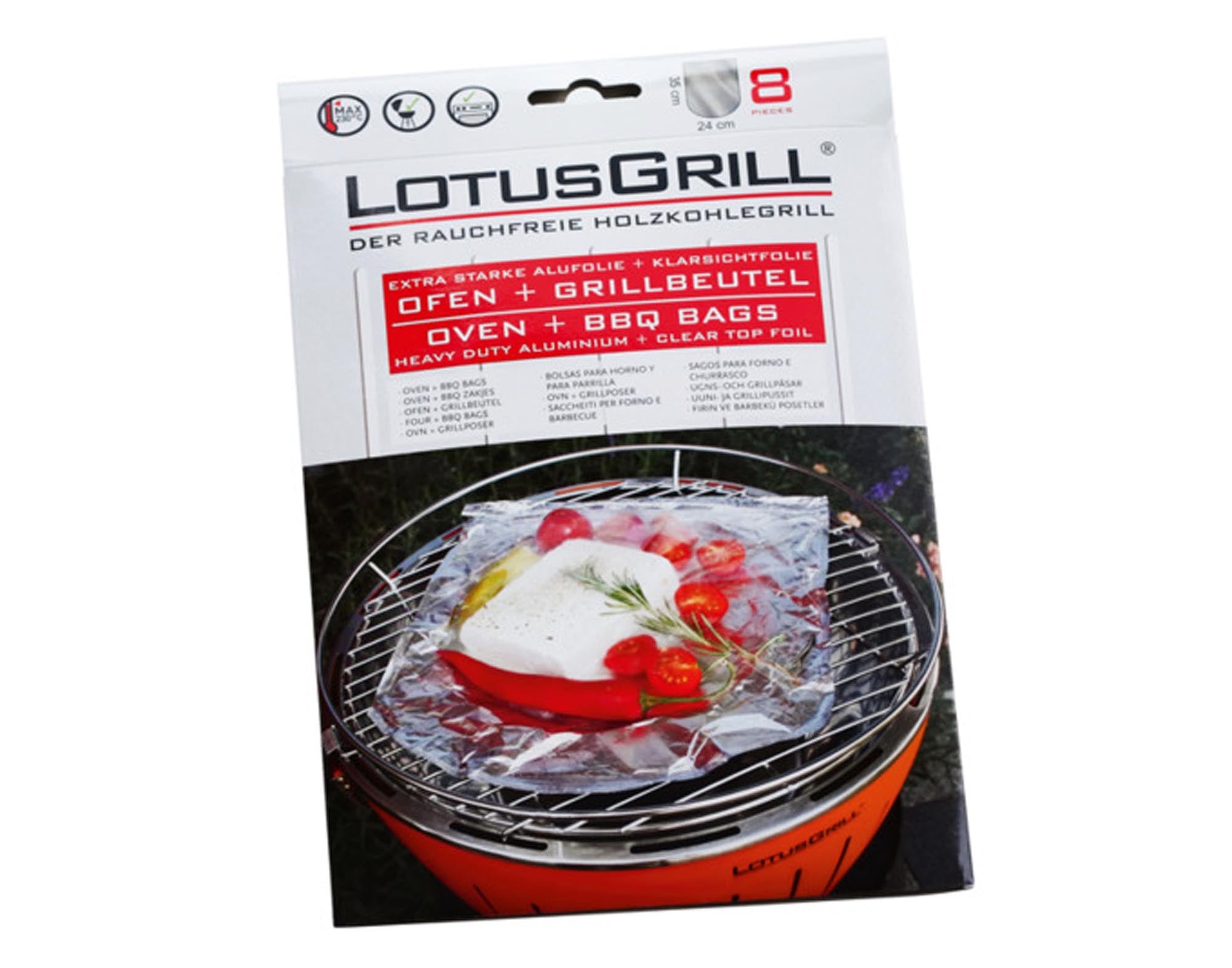 Entdecken Sie das LOTUSGRILL Grillbeutel Set (8 Stk.) für einfaches, sauberes Grillen von Fisch, Gemüse und Fleisch. Hitzebeständig bis 220°C!