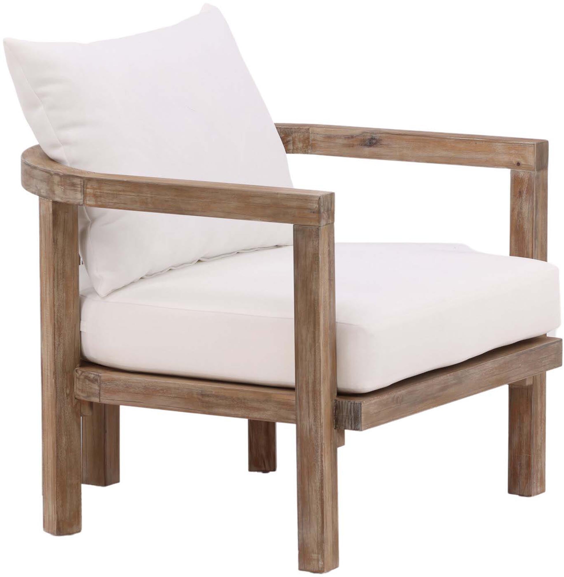 Erica Sessel: Stilvoller Akazienholz-Sessel mit weissen Kissen für entspannte Sommerabende im Freien.