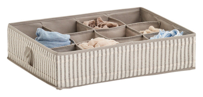 Entdecken Sie die ZELLER Aufbewahrungsbox Vlies Stripes in Beige mit 12 Fächern. Ideal zur ordentlichen Aufbewahrung von Textilien und kleinen Gegenständen.