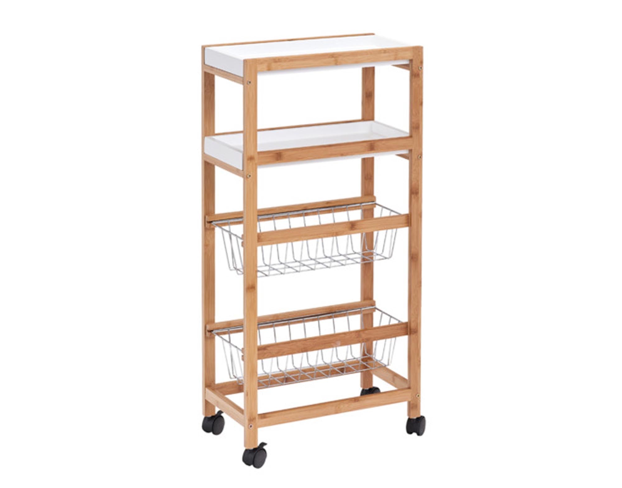 Entdecken Sie den ZELLER Rollwagen mit 4 Ablagen aus Bambus in Weiß. Praktisch, flexibel und stilvoll für Küche, Esszimmer und Terrasse.
