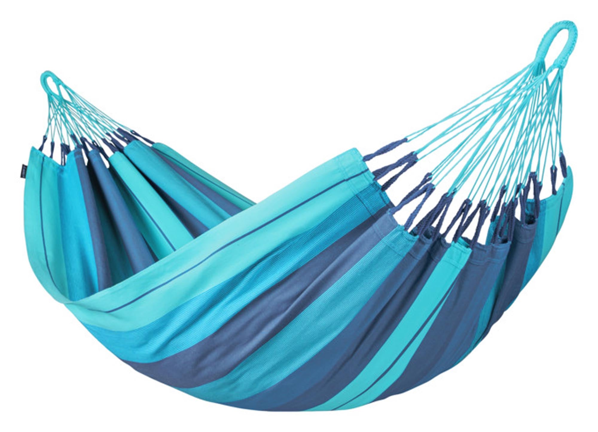 Entspannen Sie in der LA SIESTA Hängematte Modesta lagoon 140x300 cm. Hochwertige Baumwolle, stilvolles Design und einfache Aufhängung für perfekten Komfort.