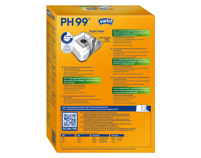 Entdecken Sie die SWIRL Staubsäcke PH99 – umweltfreundlich, hygienisch und mit 99,99% Filterleistung für ein sauberes Zuhause.