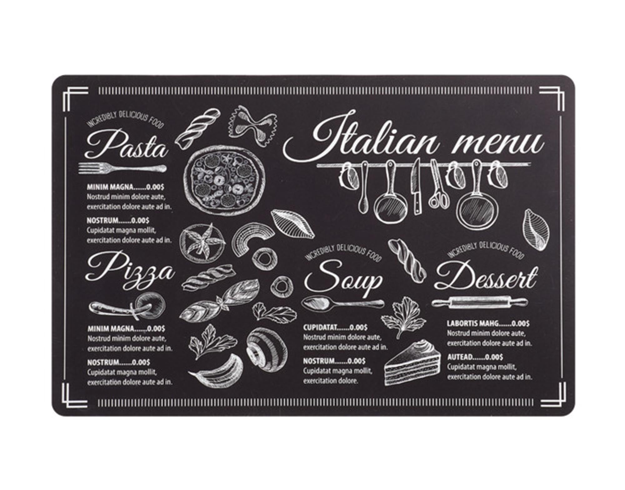 Entdecken Sie das ZELLER Tischset Italian Menu in Schwarz (43.5x28.5 cm) – stilvoll, pflegeleicht und perfekt für Ihre Tischdekoration.