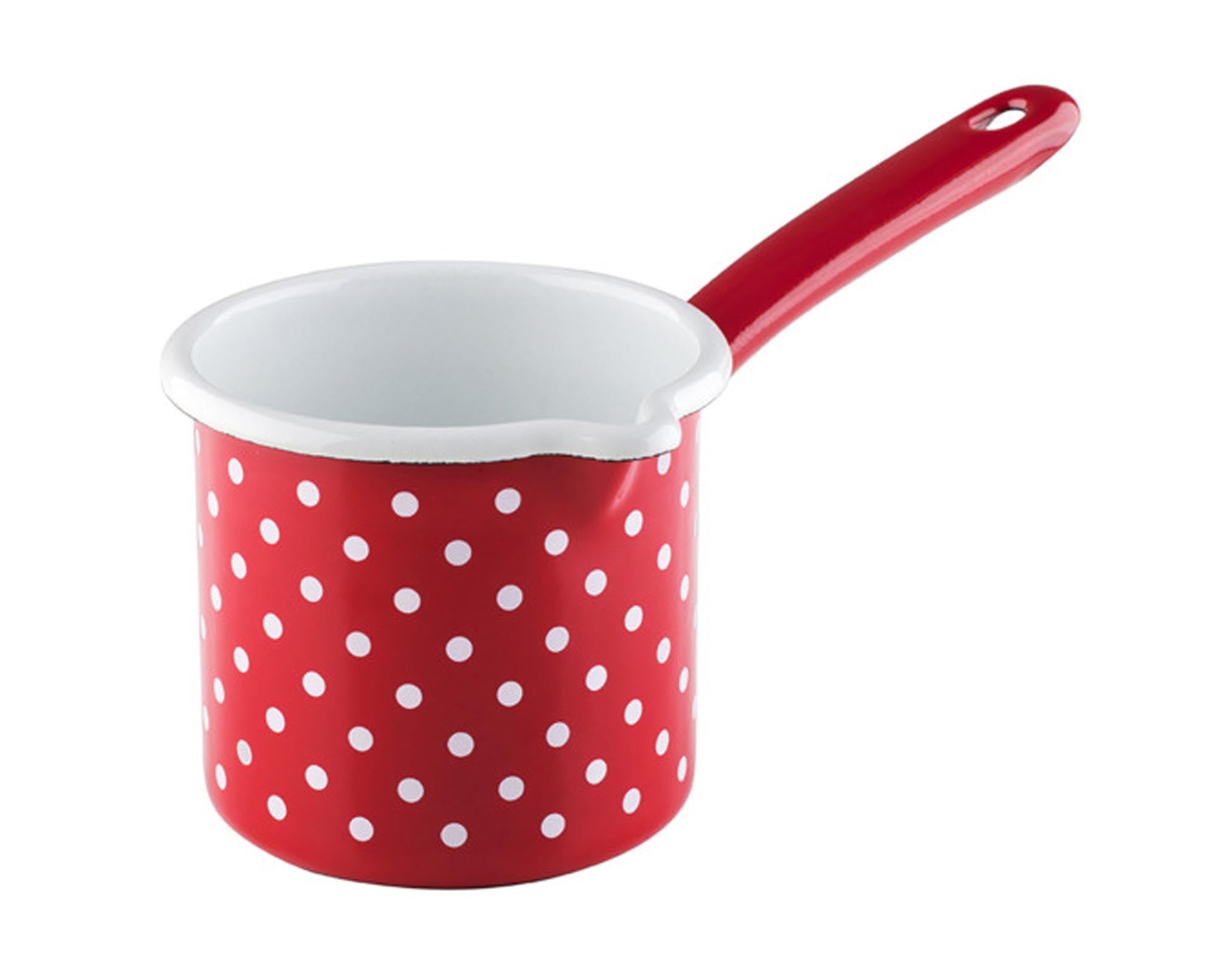 Entdecken Sie den RIESS Schnabeltopf mit Stiel in Rot, 0,75 l, ideal zum Ausgießen von Flüssigkeiten. Hochwertiger, emaillierter Stahl, ergonomisches Design.