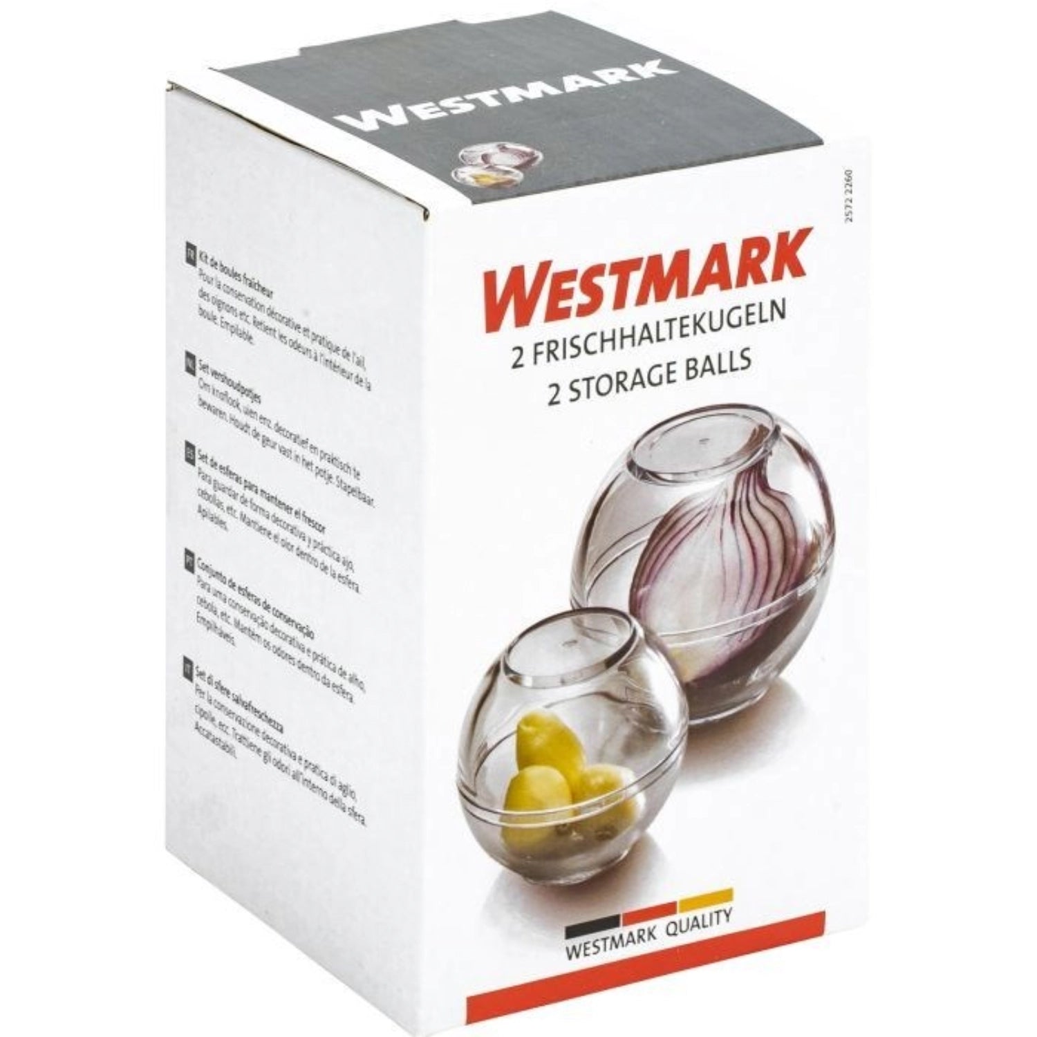 Zwei stilvolle Frischhaltekugeln von Westmark in verschiedenen Durchmessern, ideal zur Aufbewahrung von Lebensmitteln und zur Frischhaltung.