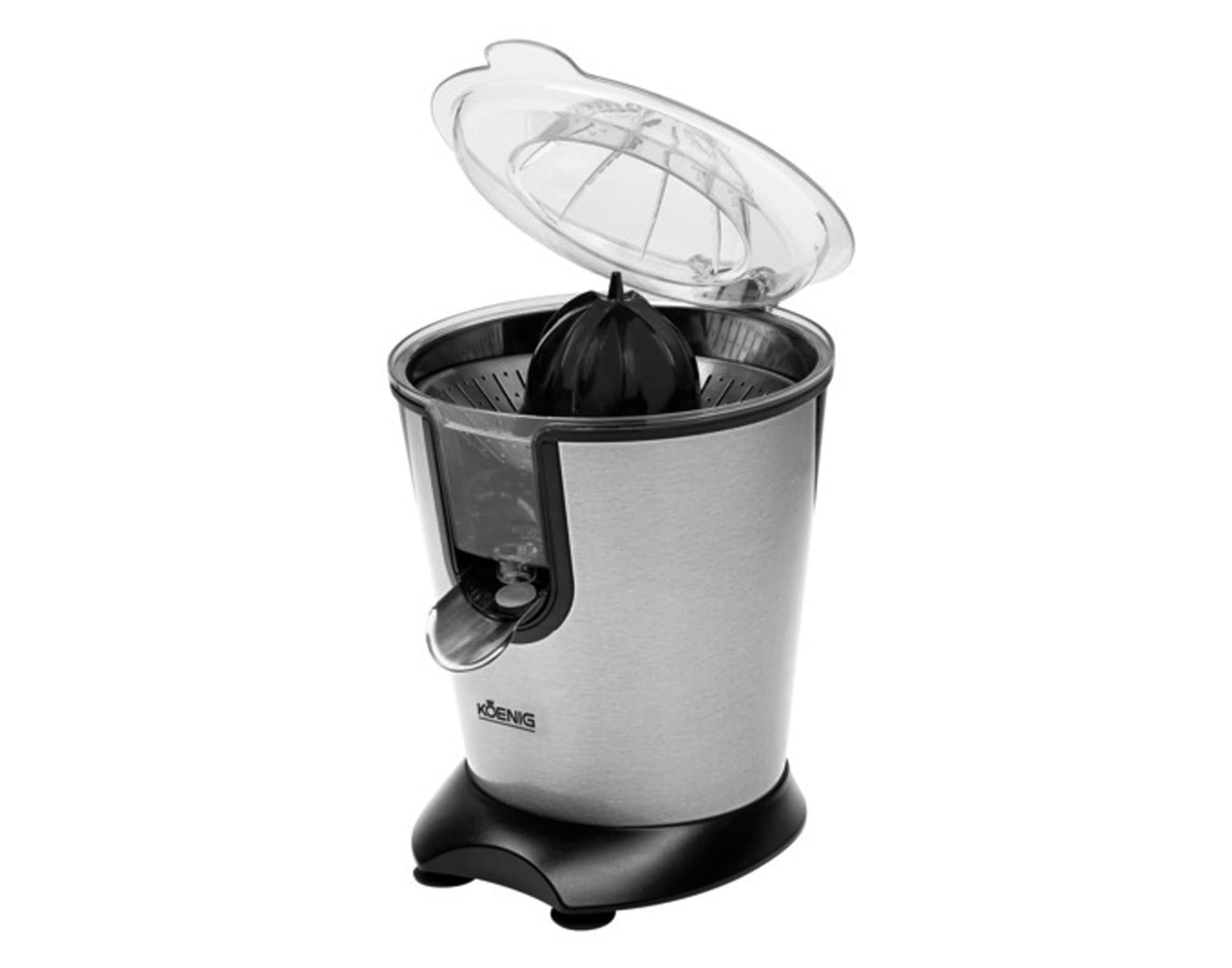 Entdecken Sie die KOENIG Zitruspresse Steel Line: leistungsstark, elegant, aus Edelstahl, für frische Säfte aus Orangen, Zitronen und mehr.