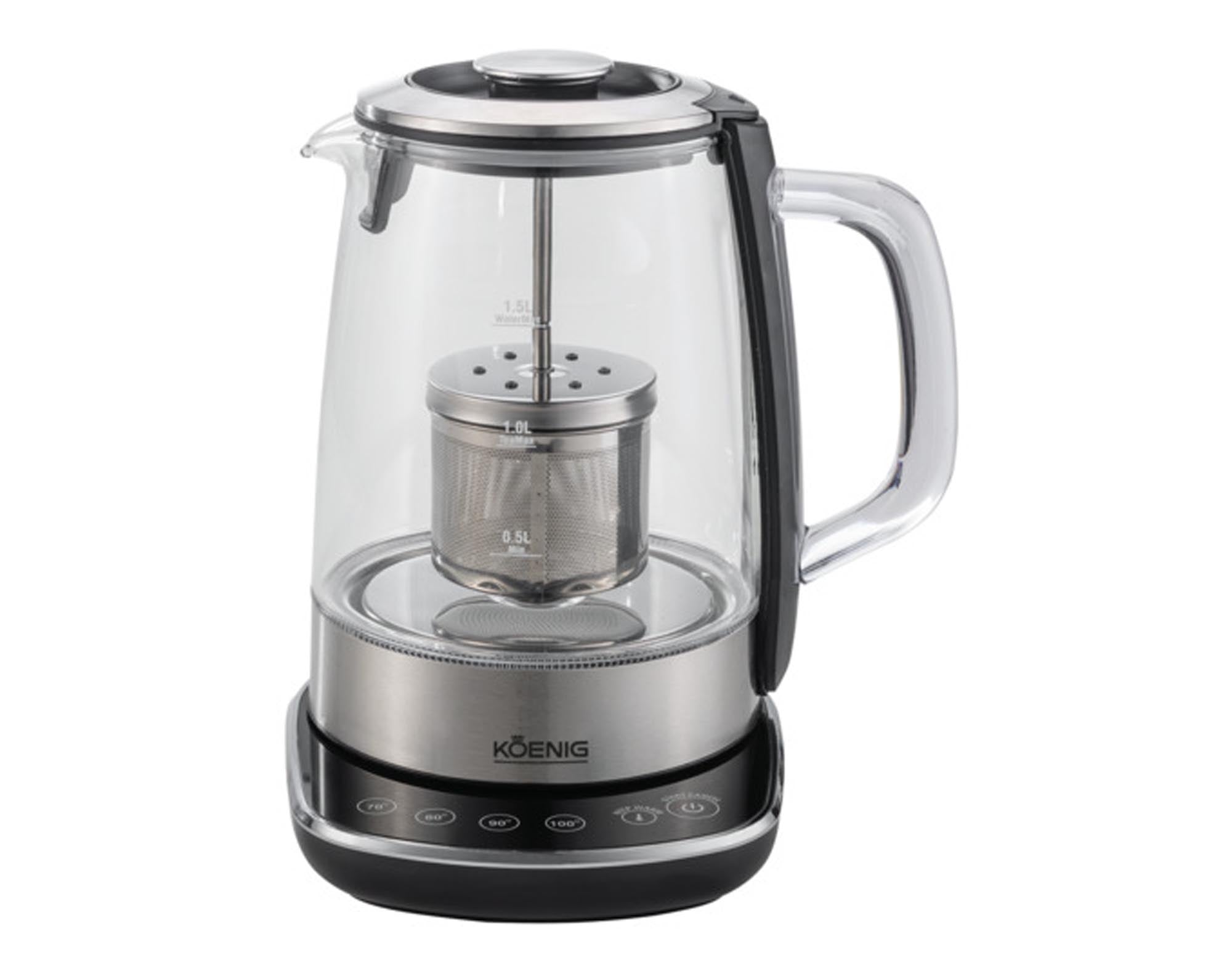 Eleganter KOENIG Teekocher aus Glas und Edelstahl (1.5 l) mit schneller Heizplatte, Warmhaltefunktion und einfacher Reinigung. Ideal für Teeliebhaber!