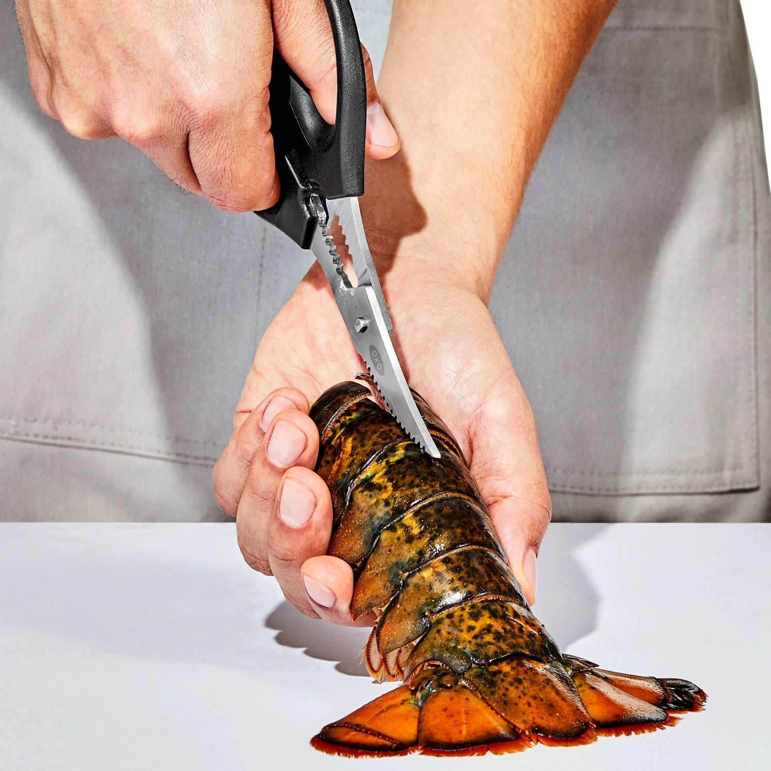 Praktische OXO Good Grips Schere für Meeresfrüchte, perfekt zum mühelosen Öffnen von Schalen und Zubereiten von Fisch, ideal für die Küche.