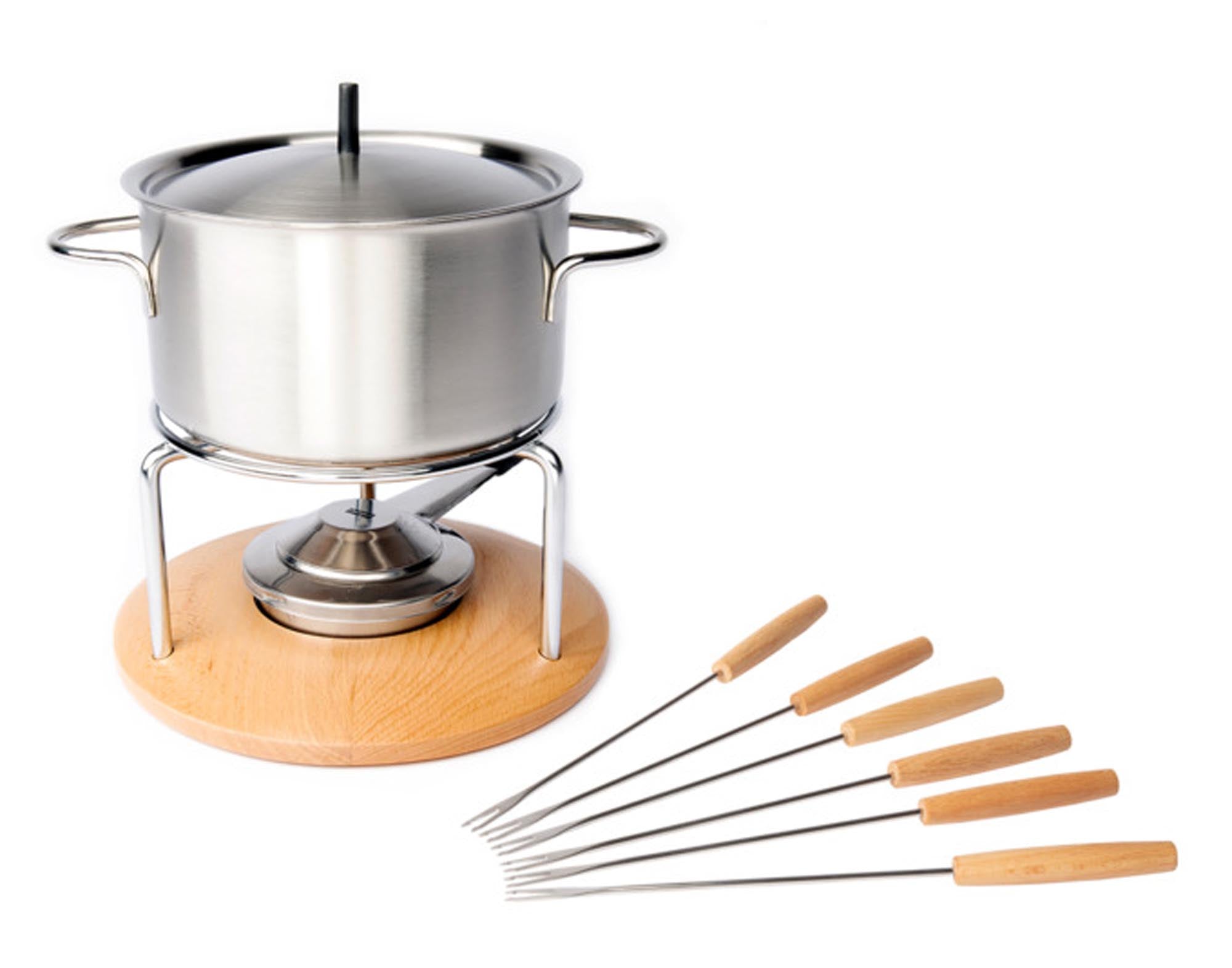 Entdecken Sie die STÖCKLI Fonduegarnitur Säntis Little (ø 16 cm) – ideal für Käse- und Fleischfondue, stilvolles Design, perfekte Wärmeverteilung.