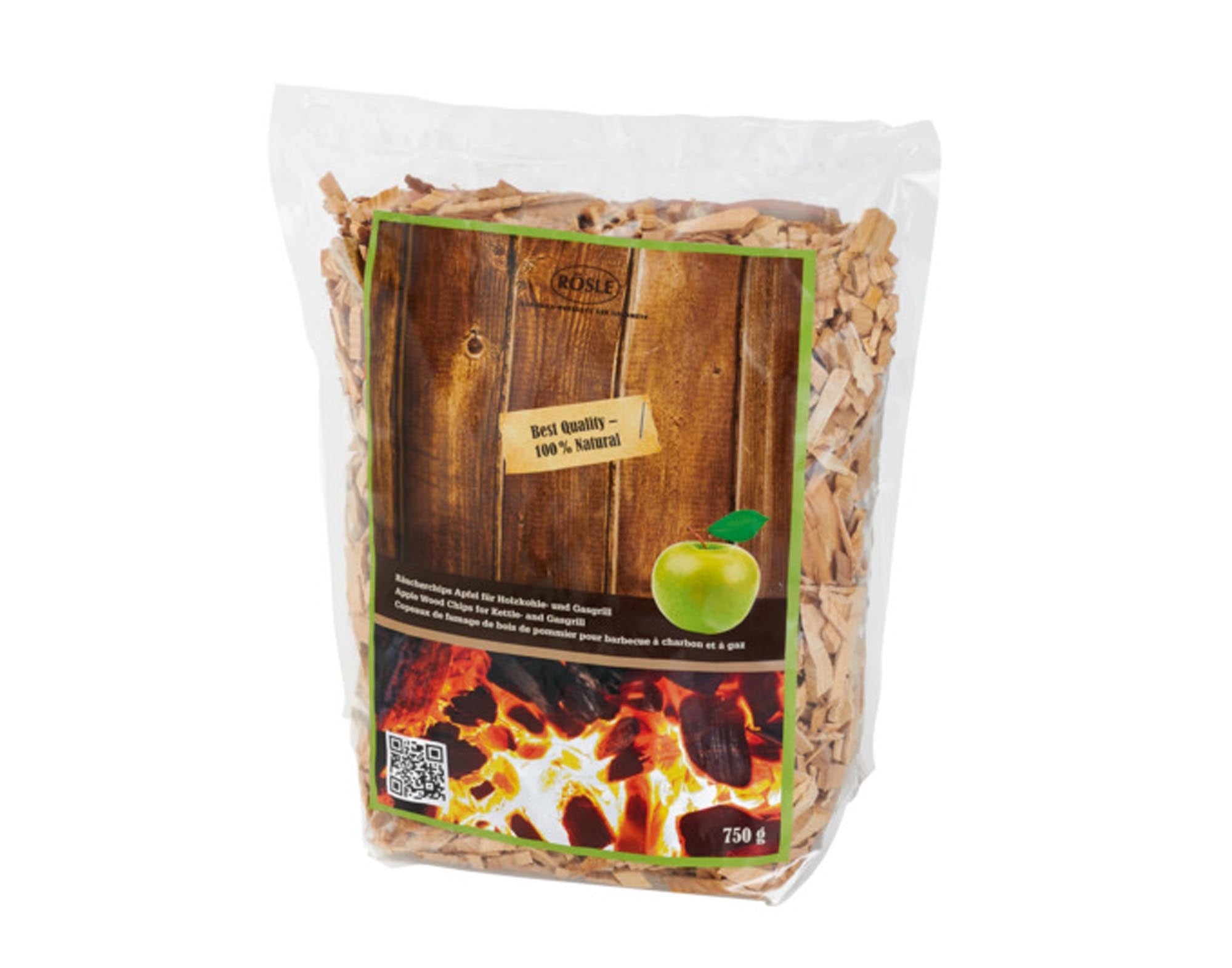 Entdecken Sie die RÖSLE Räucherchips Apfel 750 g für fruchtigen Rauchgeschmack. Ideal für Grillliebhaber, perfekt für Geflügel, Fisch und Gemüse.