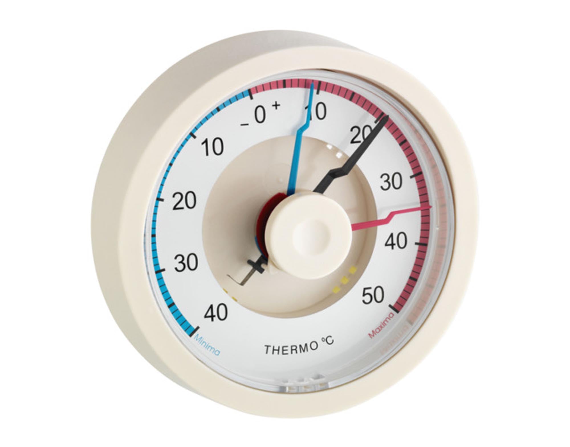 Entdecken Sie das TFA Thermometer Maxima Minima in elfenbein, Ø 11,4 cm. Präzise Temperaturmessung für ein optimales Raumklima. Robust und stilvoll.