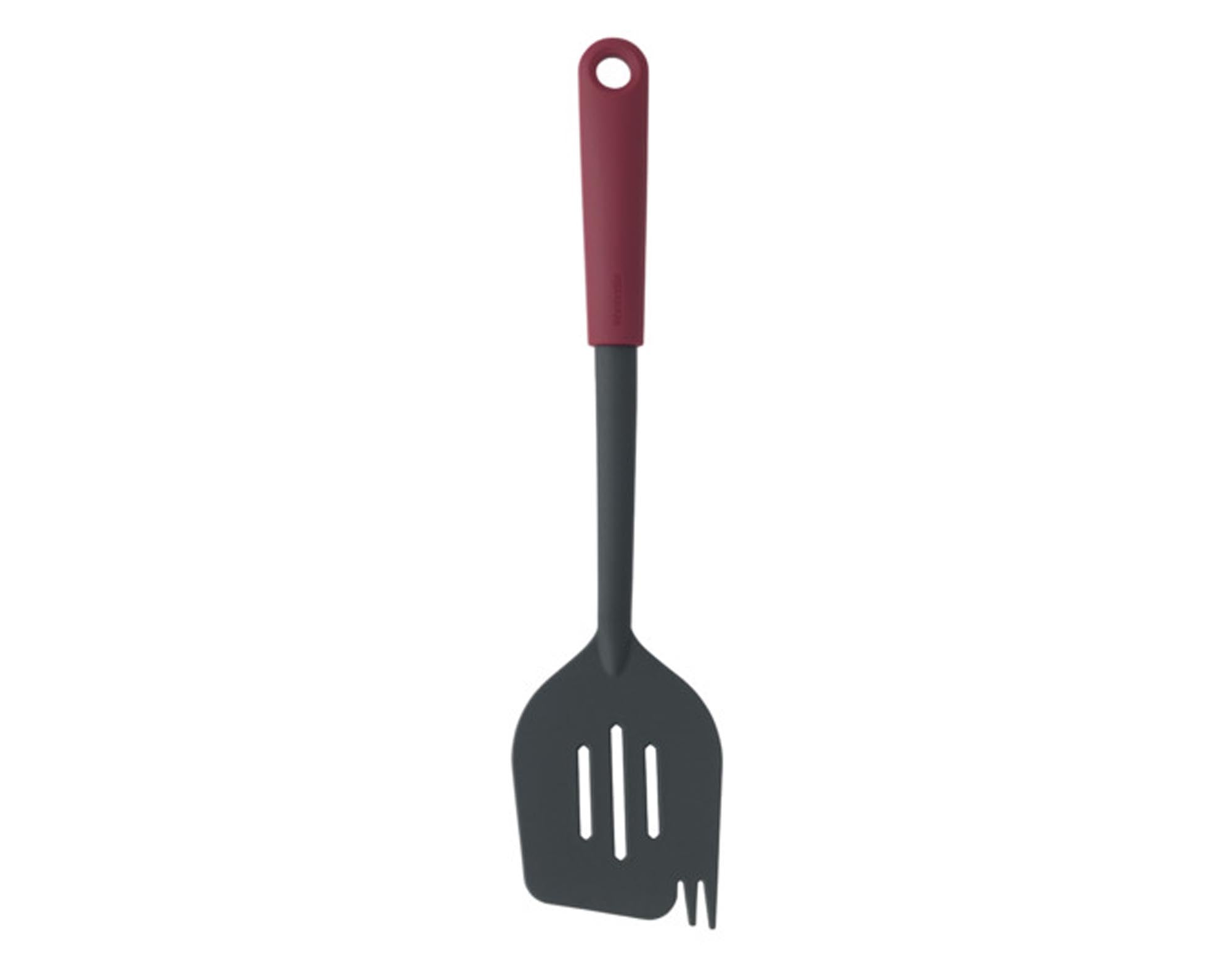 Entdecken Sie den BRABANTIA Pfannenwender mit Gabel Tasty+ in aubergine red – ein ergonomisches, hitzebeständiges Küchenwerkzeug für müheloses Wenden und Servieren.