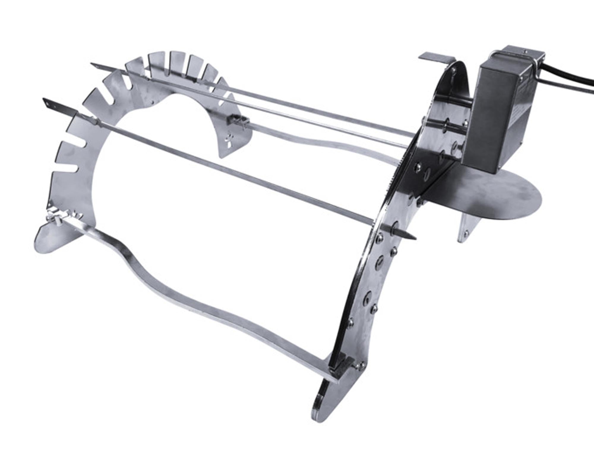 Robuste REMUNDI Grillbrücke mit Motor: 3 Spiesse, Dreizackspiess, Edelstahl, ideal für Fleisch & Gemüse, gleichmässige Hitzeverteilung.