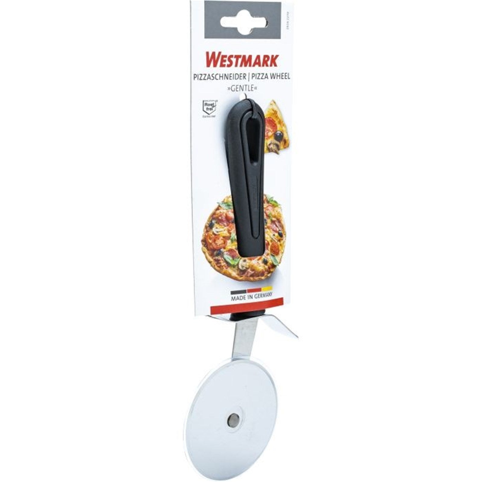 Pizzaschneider Gentle von Westmark: Edelstahlklinge 6,9 cm, ergonomisches Design, kompakt, ideal für präzises Pizzaschneiden.