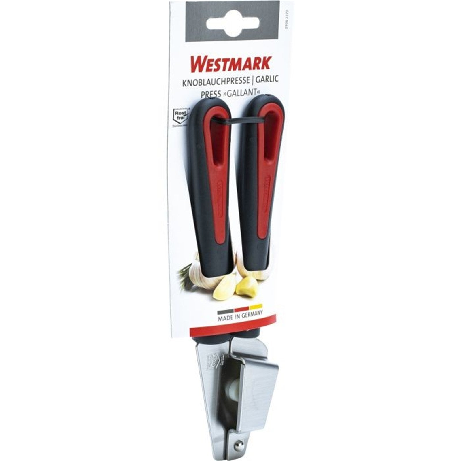 Die robuste Knoblauchpresse Gallant von Westmark sorgt für einfaches und effizientes Pressen von Knoblauchzehen.