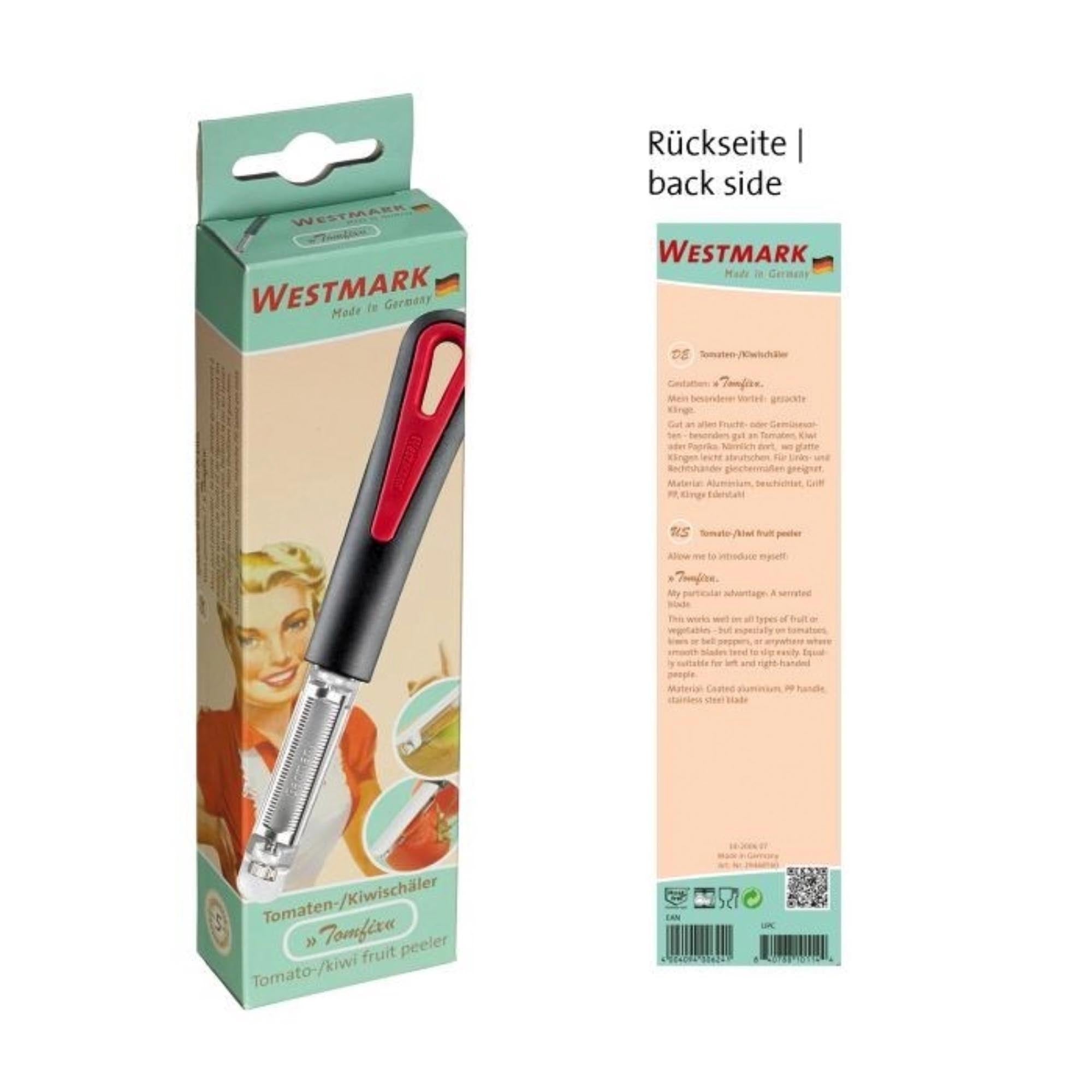 Retro Tomfix Schäler von Westmark, ideal für Tomaten und Kiwis, 18.5x2x1.5cm, robust und präzise für müheloses Schälen.