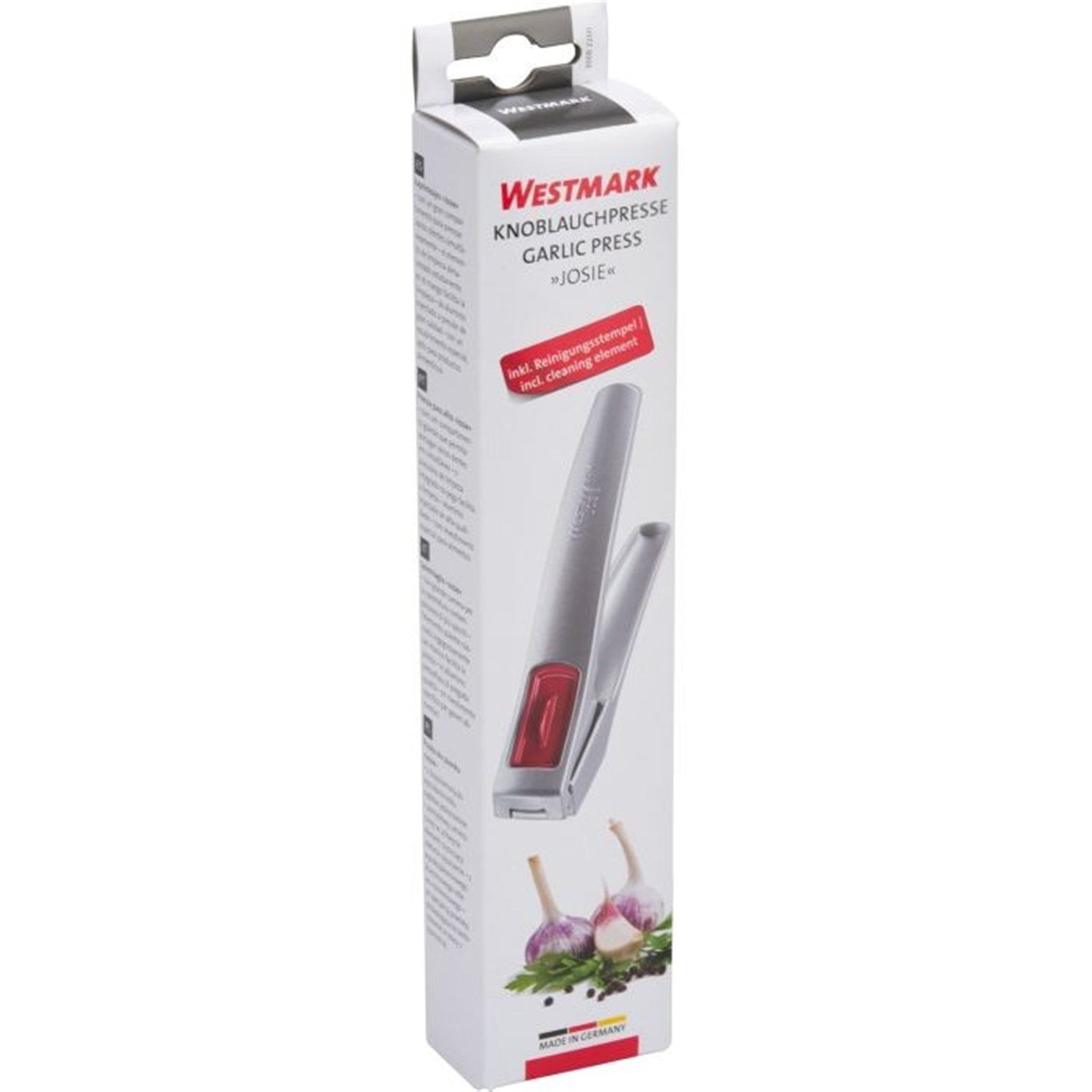 Knoblauchpresse Josie von Westmark, 16.2x2.8x3.3cm, langlebig und ergonomisch, ideal für müheloses Knoblauchzerkleinern.