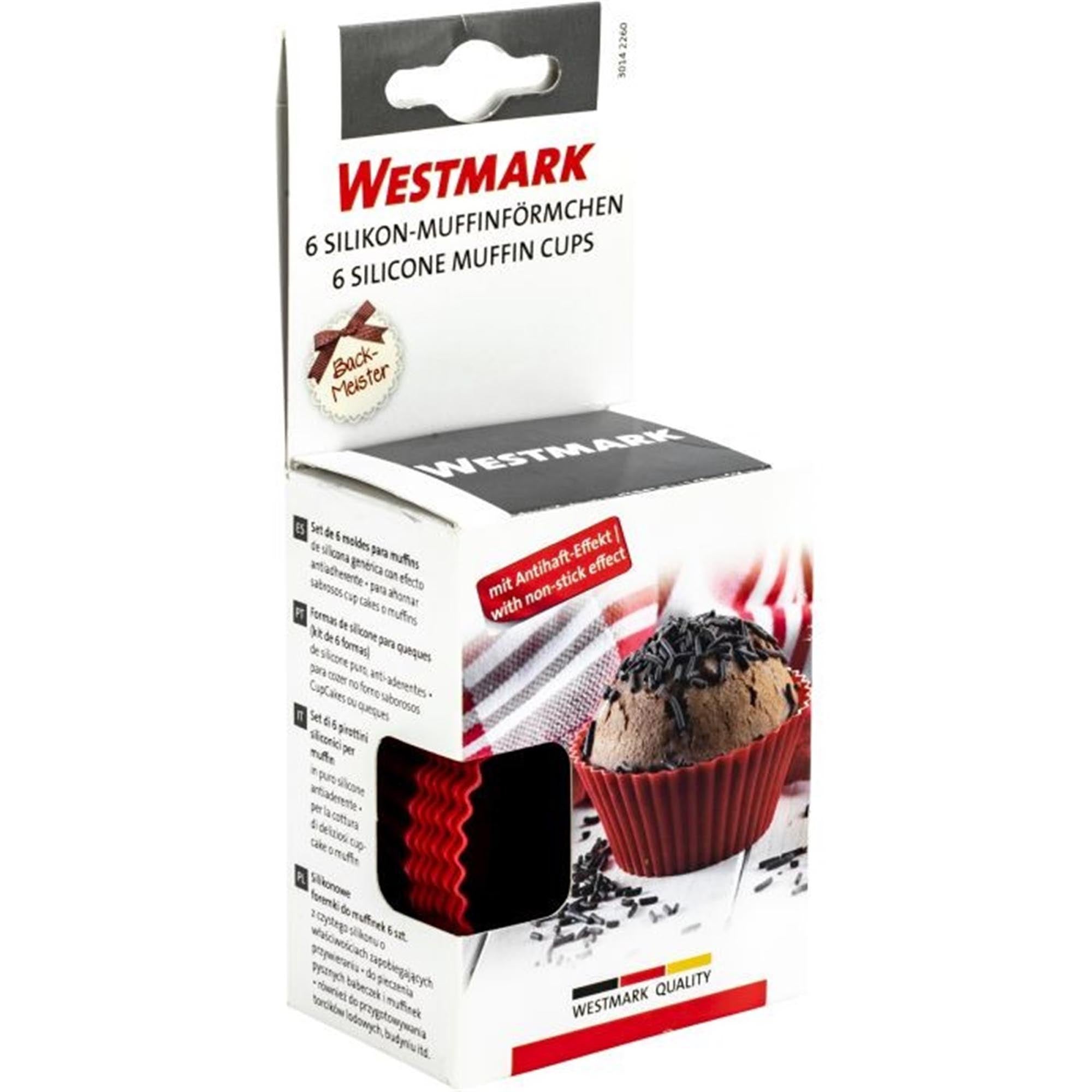 6 rote Silikon-Muffinformen von Westmark, Durchmesser 7 cm, ideal für Backen, flexibel, langlebig und leicht zu reinigen.