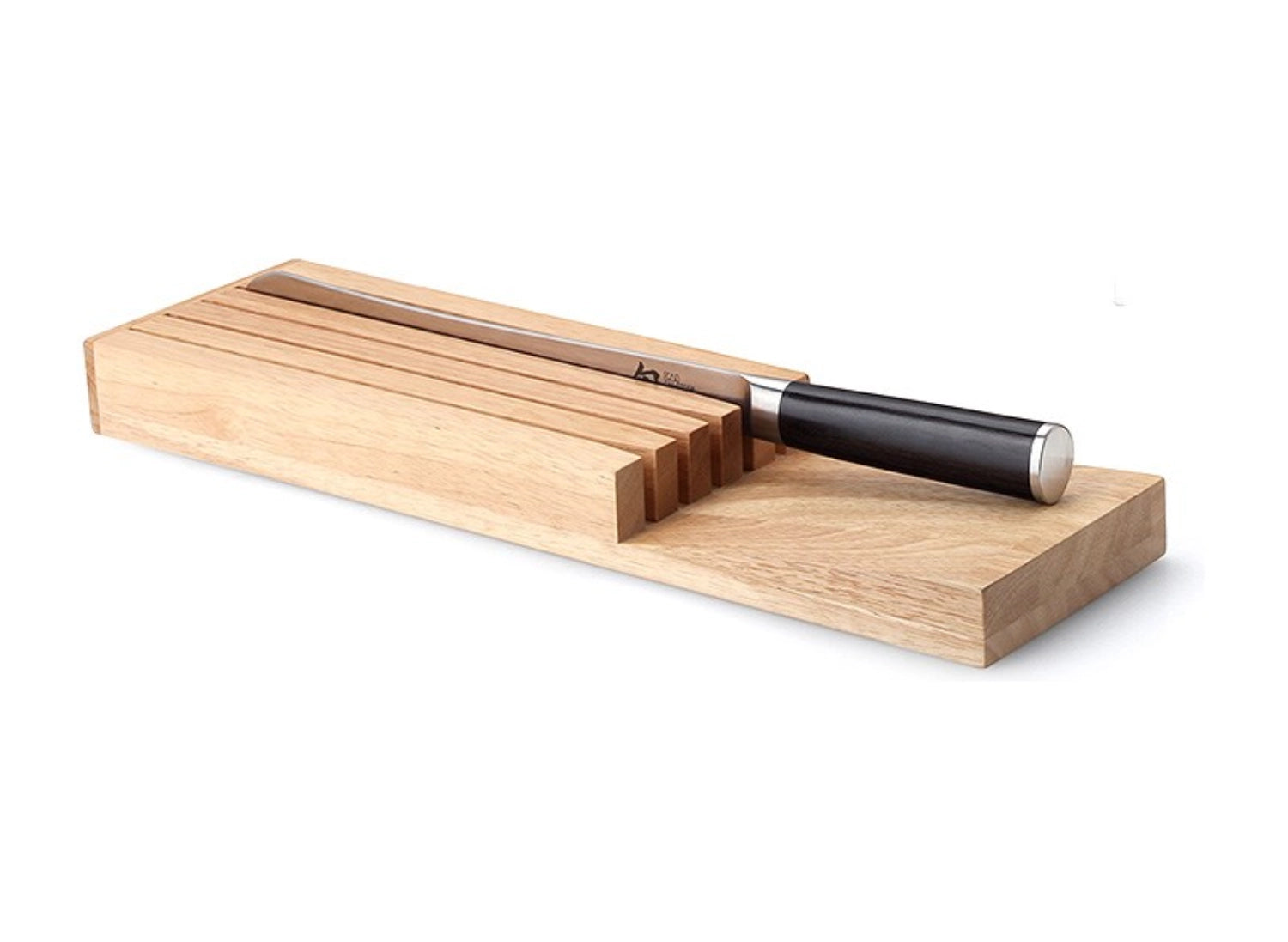 Eleganter Messerblock aus Gummibaum für bis zu 5 Messer, in liegender Form, Maße 39x11x3.5 cm, perfekt für eine moderne Küche.